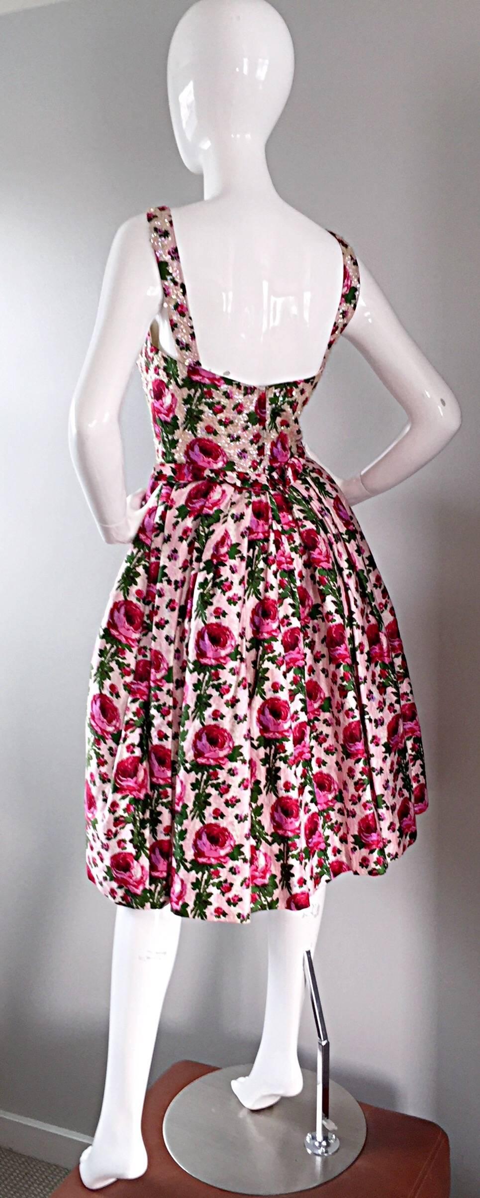 Incredible Vintage 1950s Werle of Beverly Hill Rose Print Sequin 50s Silk Dress In Excellent Condition In San Diego, CA