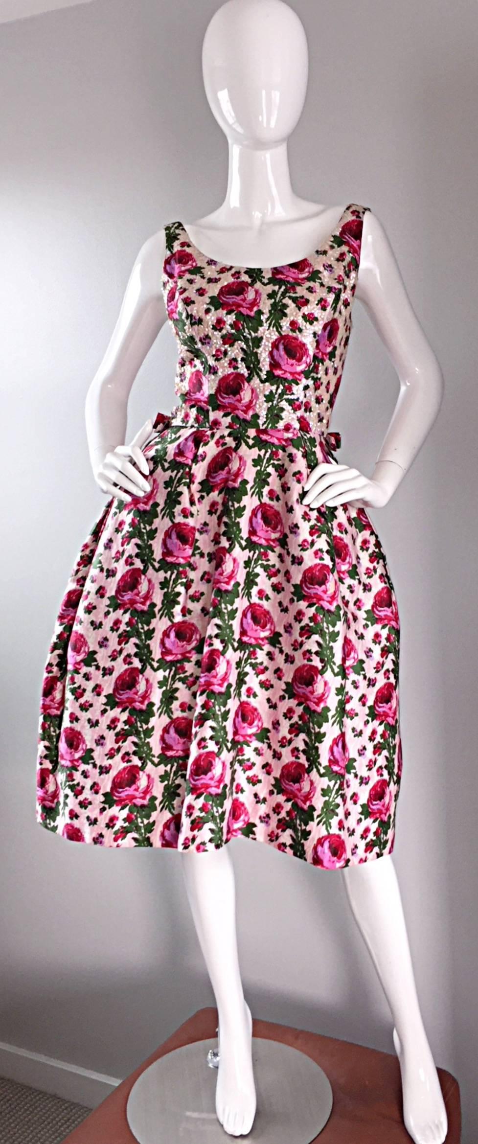 Incredible Vintage 1950s Werle of Beverly Hill Rose Print Sequin 50s Silk Dress 1