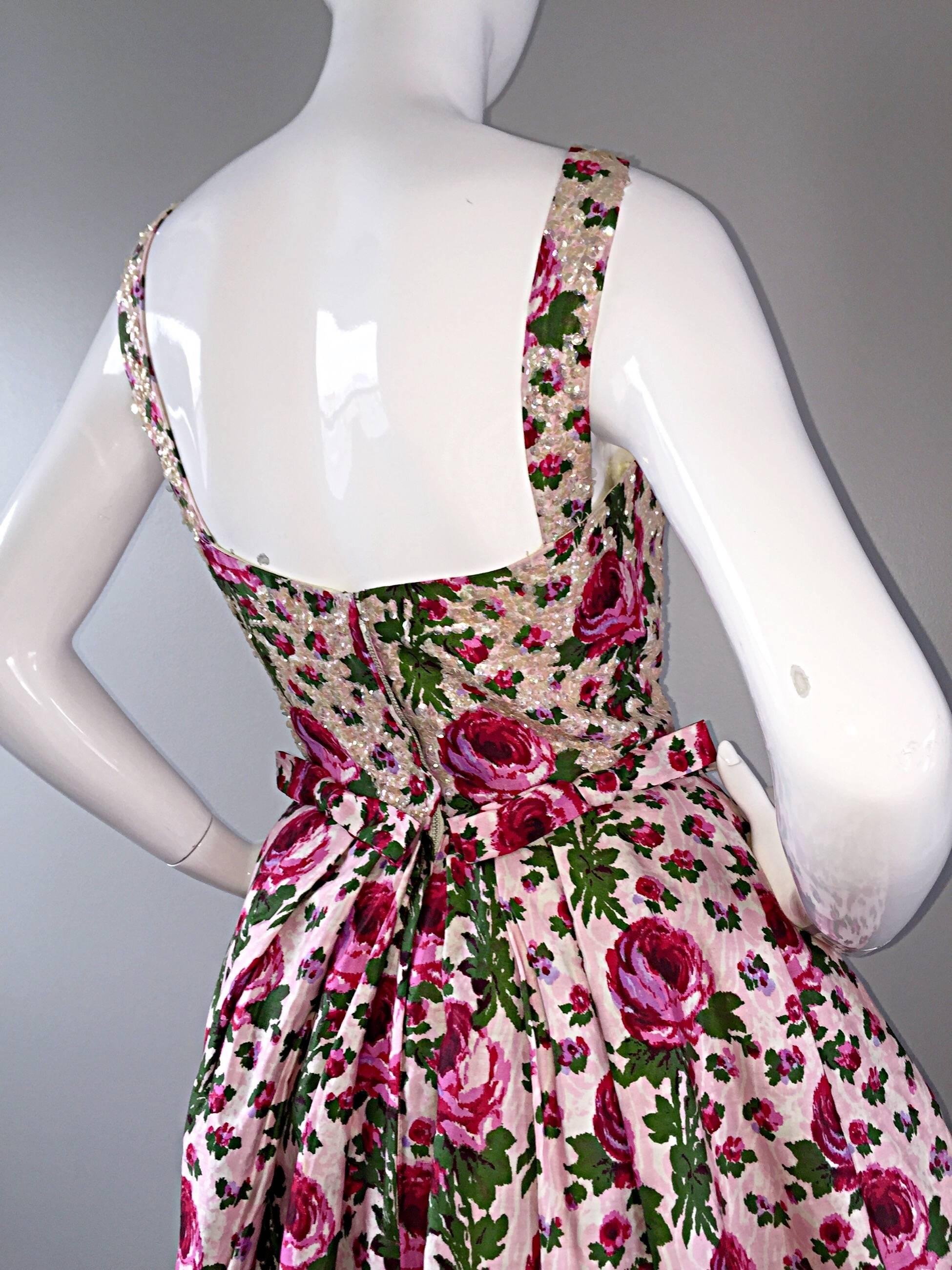 Incredible Vintage 1950s Werle of Beverly Hill Rose Print Sequin 50s Silk Dress 4