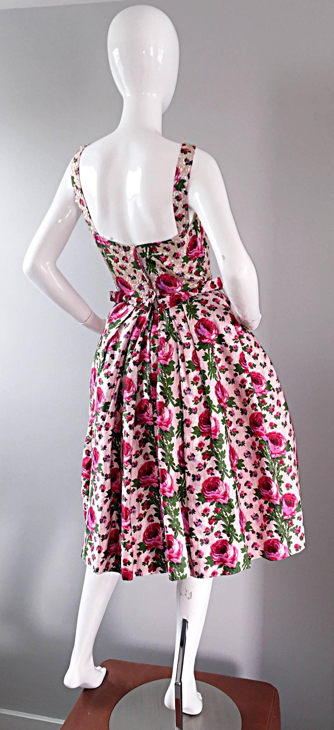 Women's Incredible Vintage 1950s Werle of Beverly Hill Rose Print Sequin 50s Silk Dress