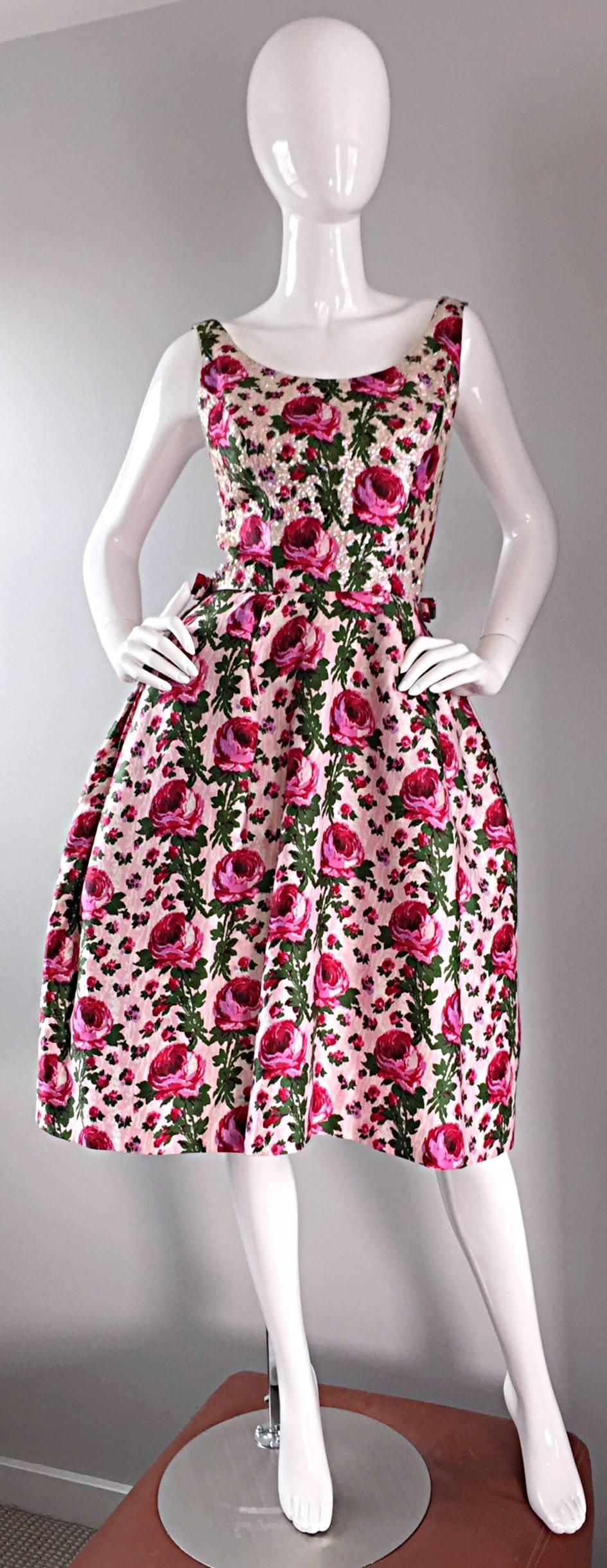Incredible Vintage 1950s Werle of Beverly Hill Rose Print Sequin 50s Silk Dress 5