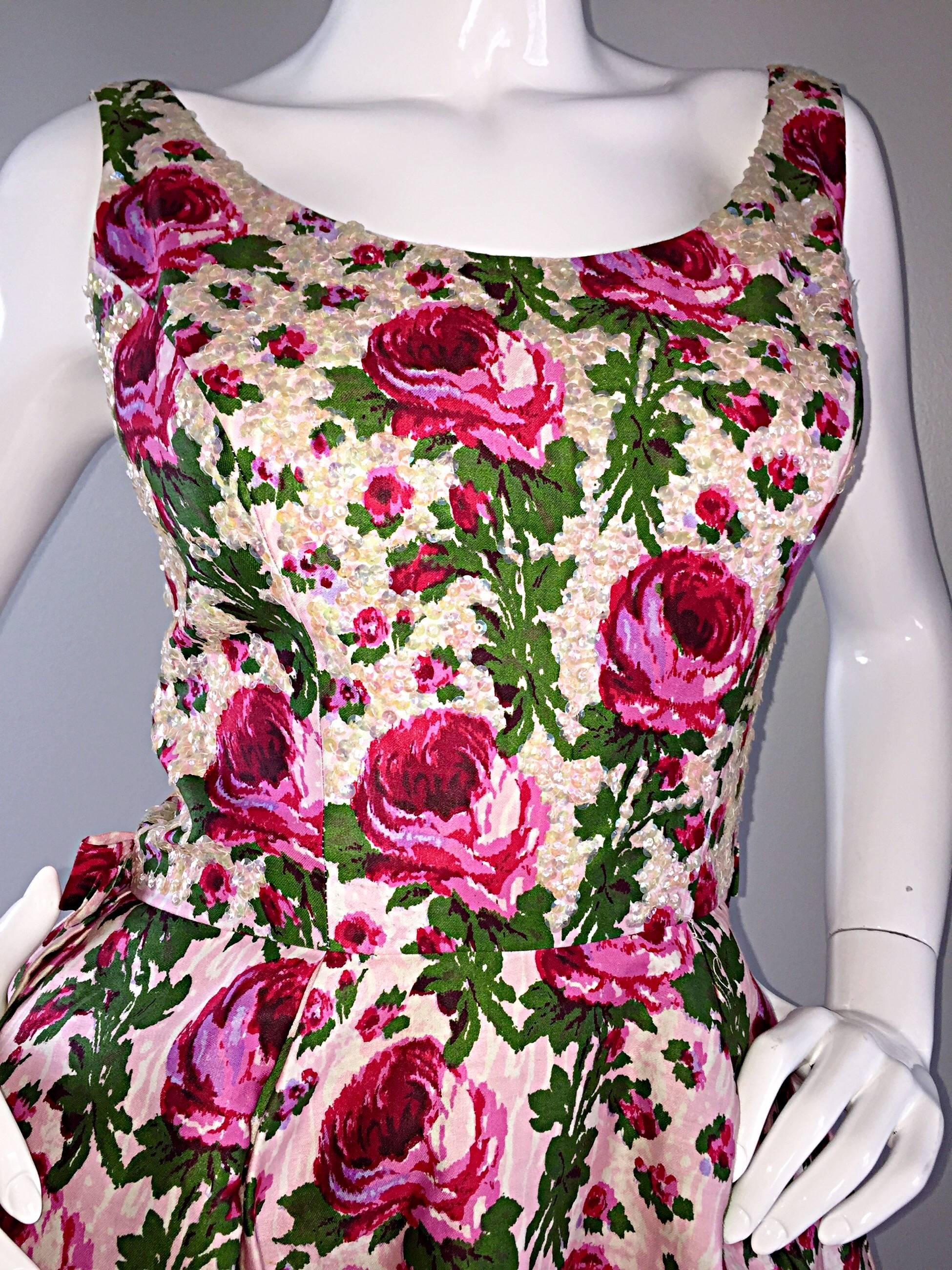 Incredible Vintage 1950s Werle of Beverly Hill Rose Print Sequin 50s Silk Dress 3