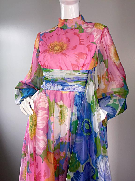 Chic Vintage Mollie Parnis 1970s Floral Chiffon Scarf / Bell Sleeve ...