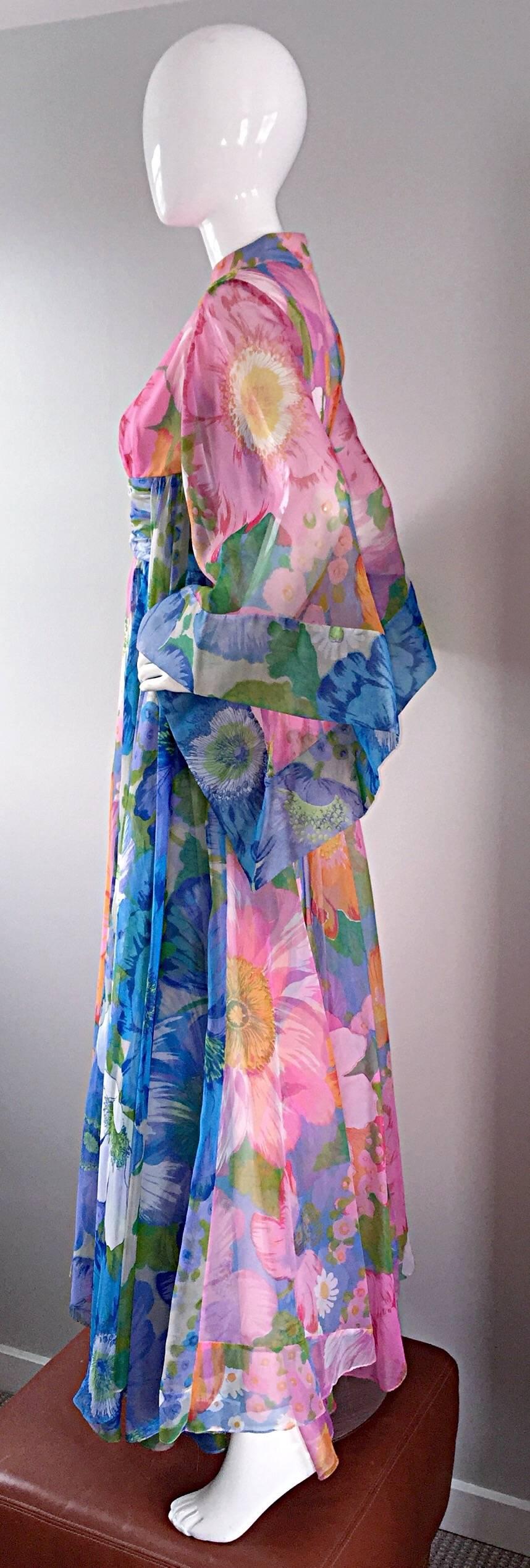 Chic Vintage Mollie Parnis 1970s Floral Chiffon Scarf / Bell Sleeve Maxi Dress In Excellent Condition In San Diego, CA