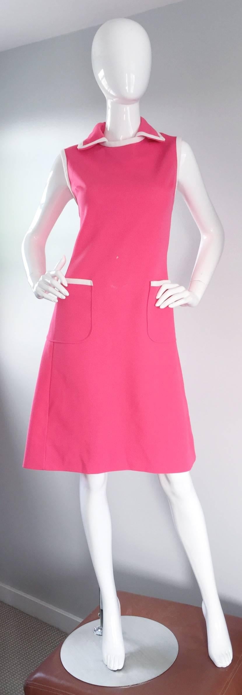 Perfect vintage PLUS SIZE I MAGNIN hot pink A-Line dress! Vibrant hot pink color, with white piping at the collar, cuffs, and two front pockets. Flattering A-Line shape is super flattering, and extremely comfortable--Very forgiving! Perfect with