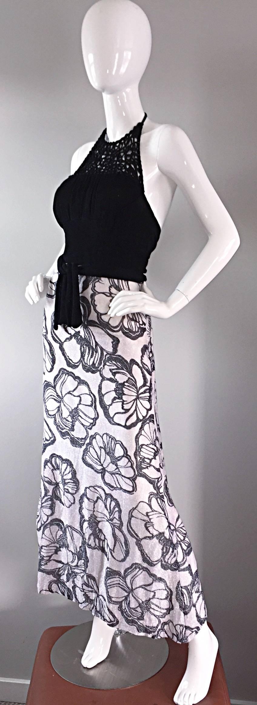 Chic 1970s 70s Black + Silver Metallic Crochet Floral Print Vintage Maxi Dress For Sale 1