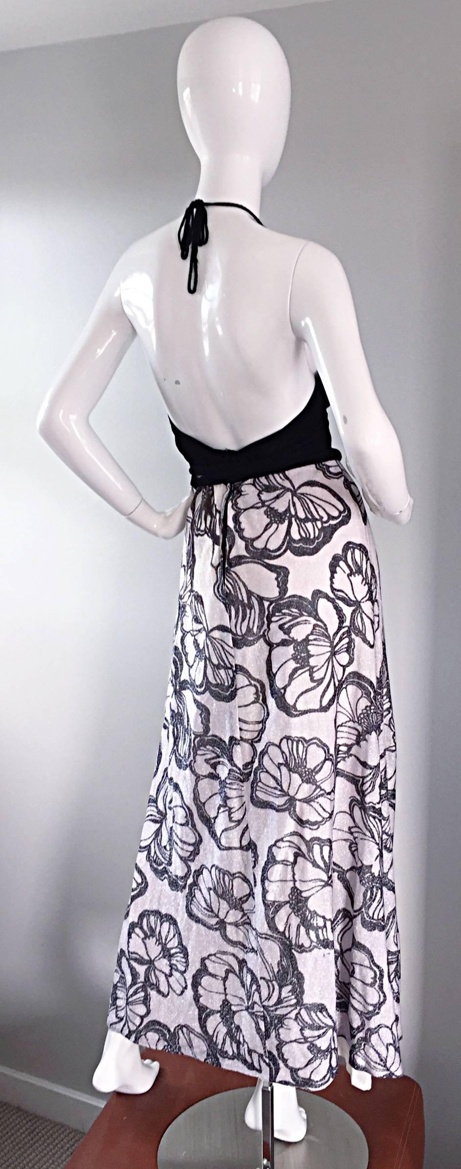 Women's Chic 1970s 70s Black + Silver Metallic Crochet Floral Print Vintage Maxi Dress For Sale