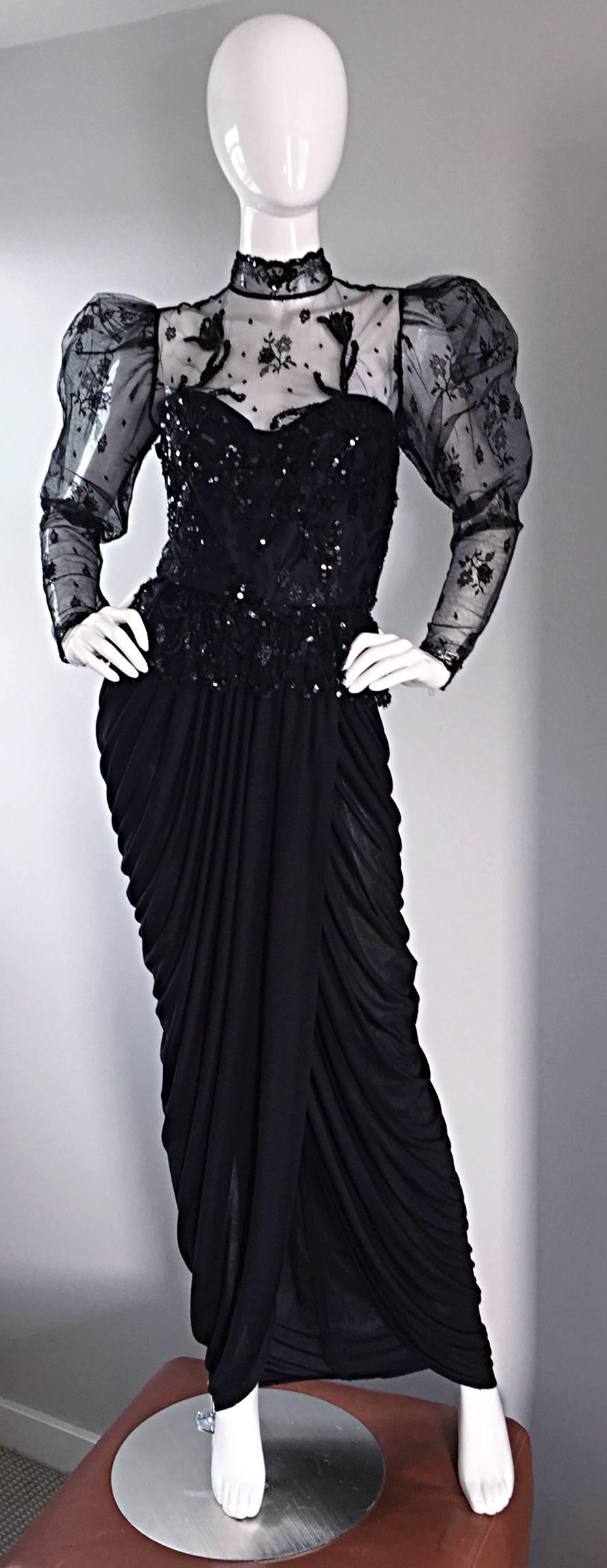 Sensational vintage 1980s / 80s Vicky Tiel black jersey dress! Grecian styled silk jersey skirt, with a Victorian style French lace bodice, which adorned with hundreds of black sequins and beads. Demi Couture quality, with hand-finished sewing. Chic