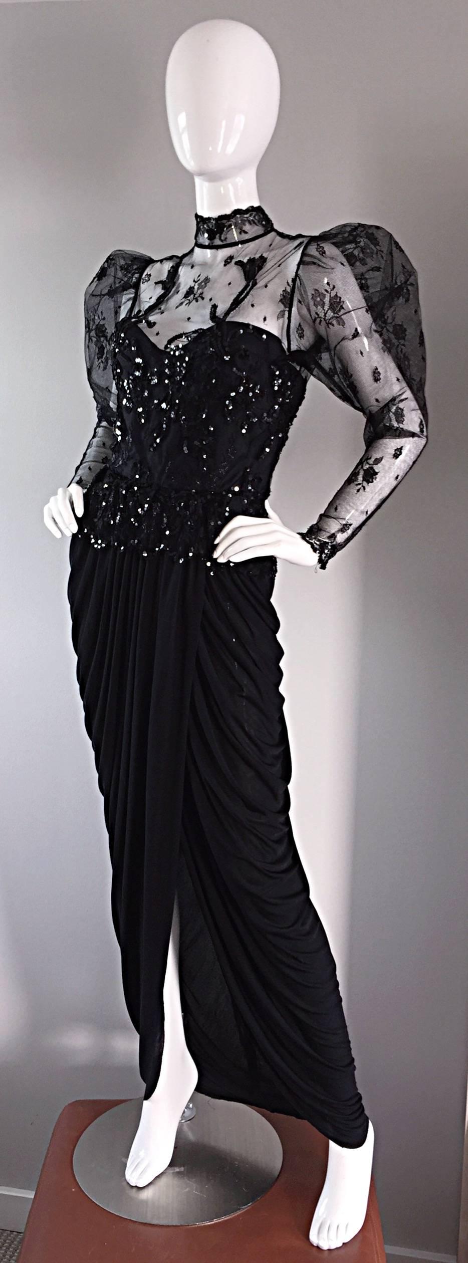 Sensational Vintage Vicky Tiel Black Jersey French Lace Victorian Grecian Dress 1