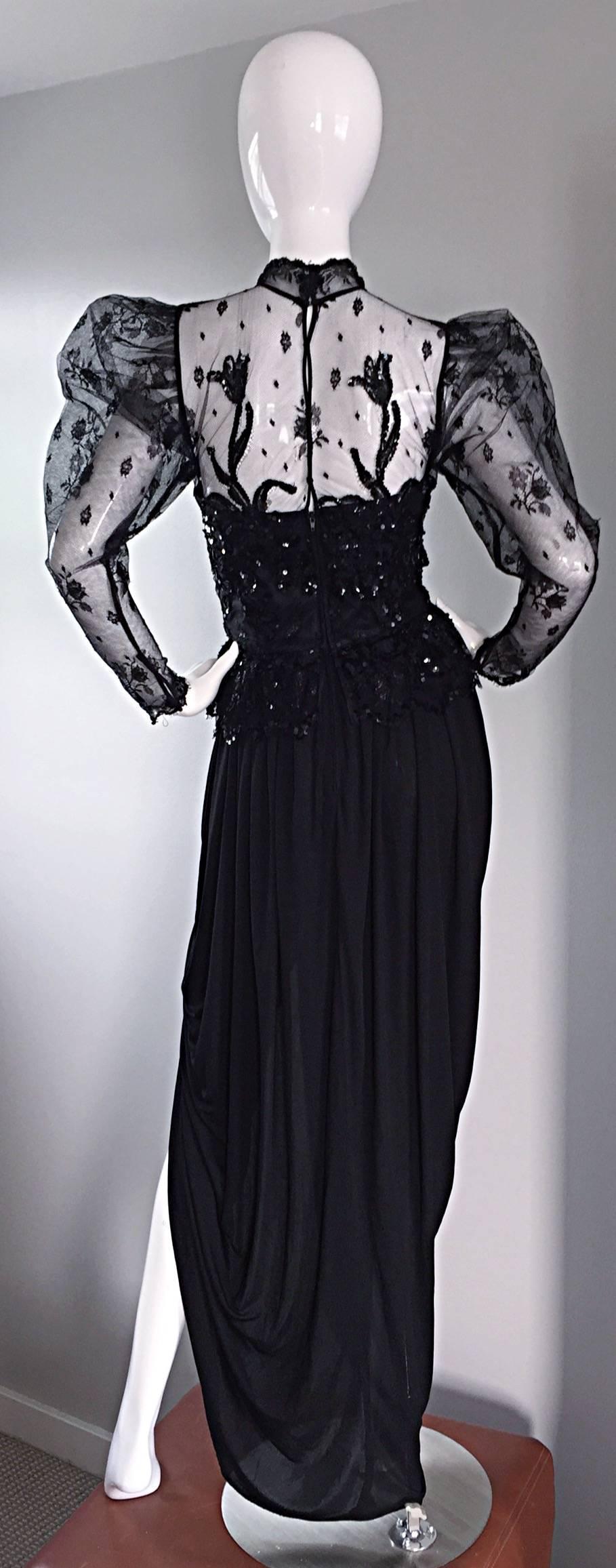 Sensational Vintage Vicky Tiel Black Jersey French Lace Victorian Grecian Dress In Excellent Condition In San Diego, CA