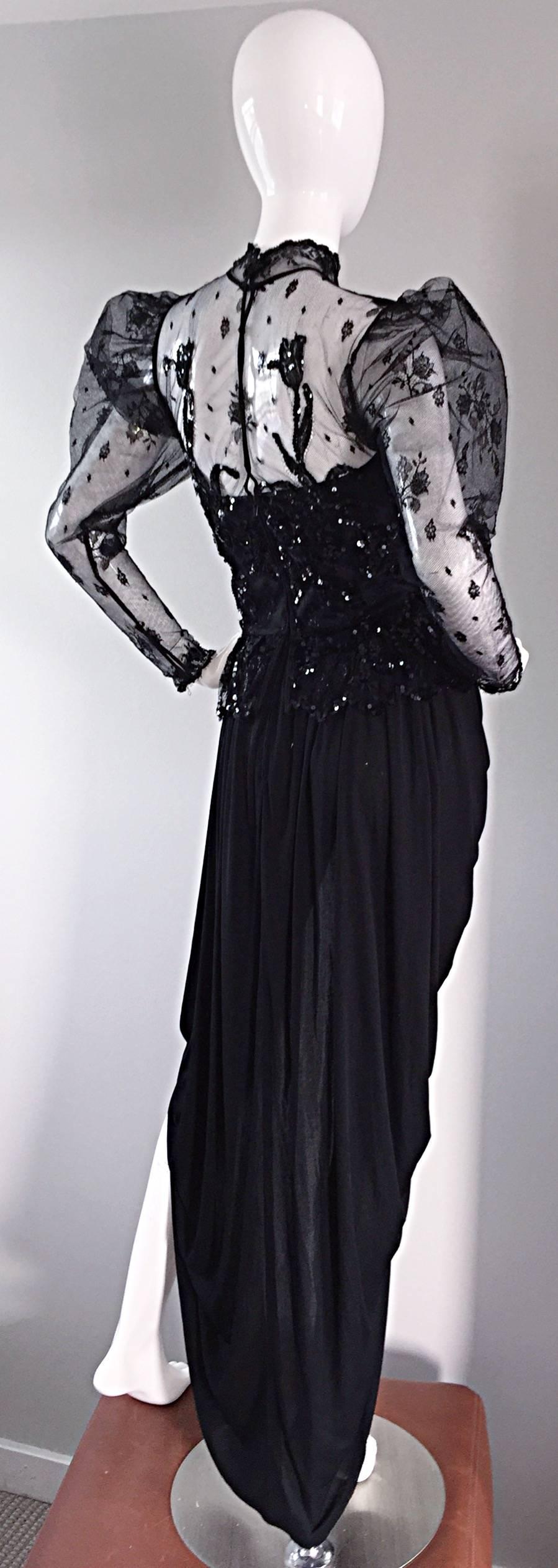Women's Sensational Vintage Vicky Tiel Black Jersey French Lace Victorian Grecian Dress