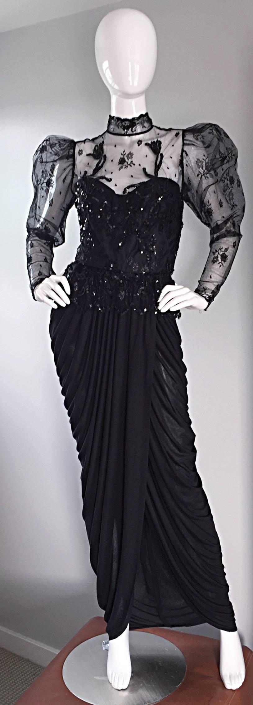 Sensational Vintage Vicky Tiel Black Jersey French Lace Victorian Grecian Dress 2