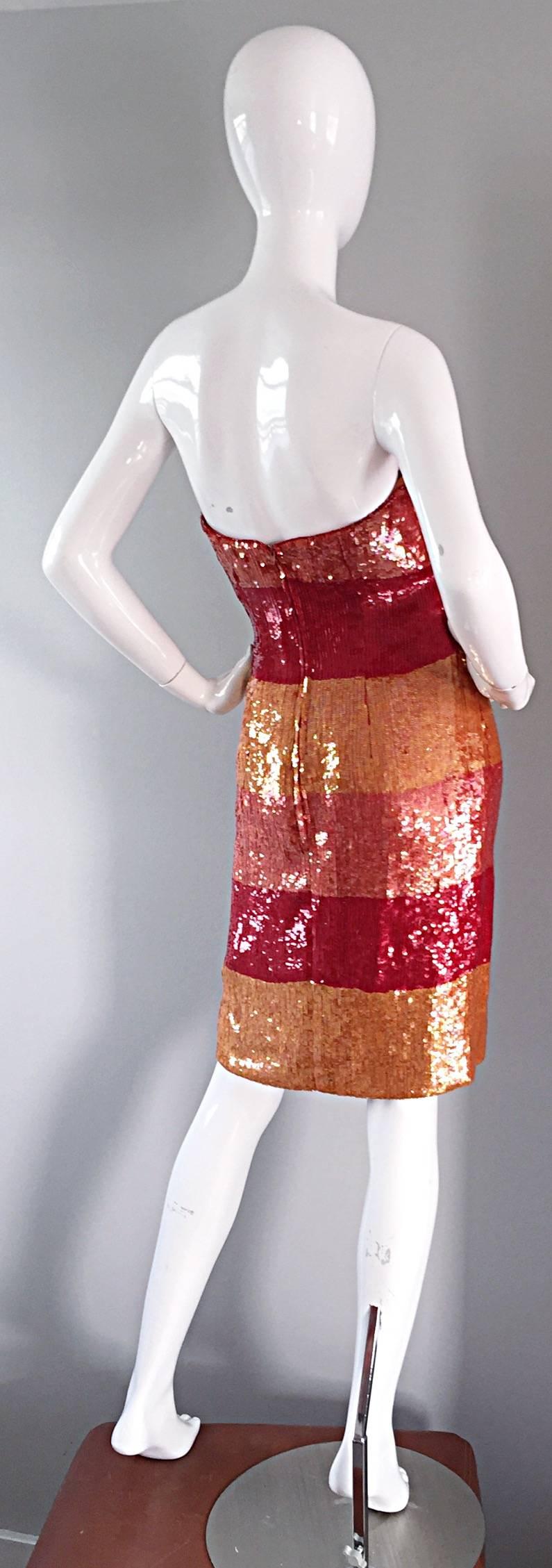 Fabulous vintage Victor Costa strapless sequin dress! Stripes of red, pink, and light orange, with all over sequins, and beaded at the bust. A true show stopper, that flatters the body like no other! Fully lined. Made in USA. Hidden zipper up the