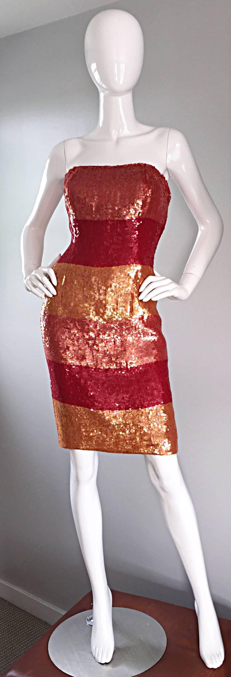 Red Beautiful Vintage Victor Costa !990s 90s Strapless Sequin Silk Dress
