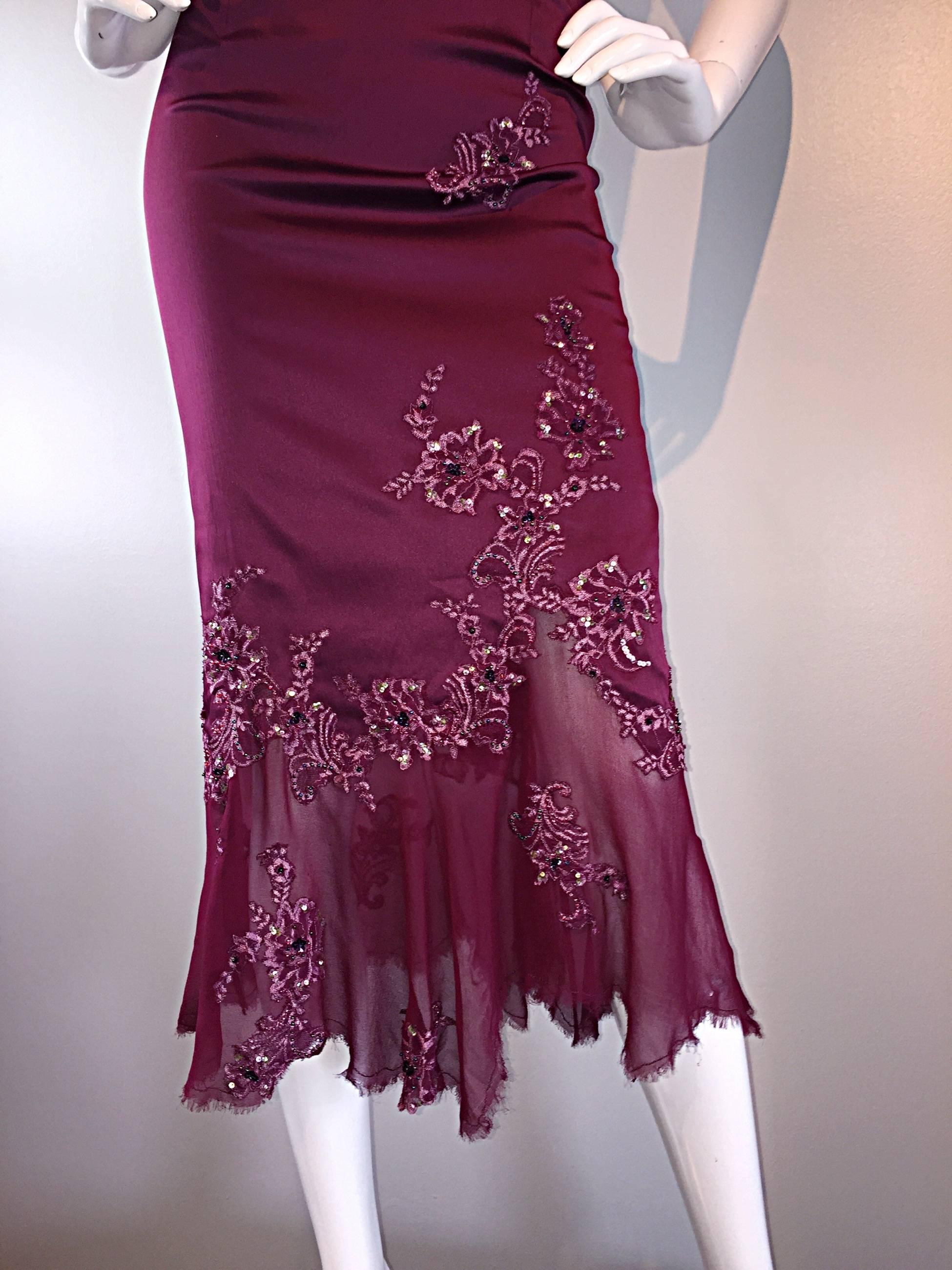Mandalay Size 12 Merlot Wine Silk Beaded Sequin Burgundy Dress Flutter Hem 1