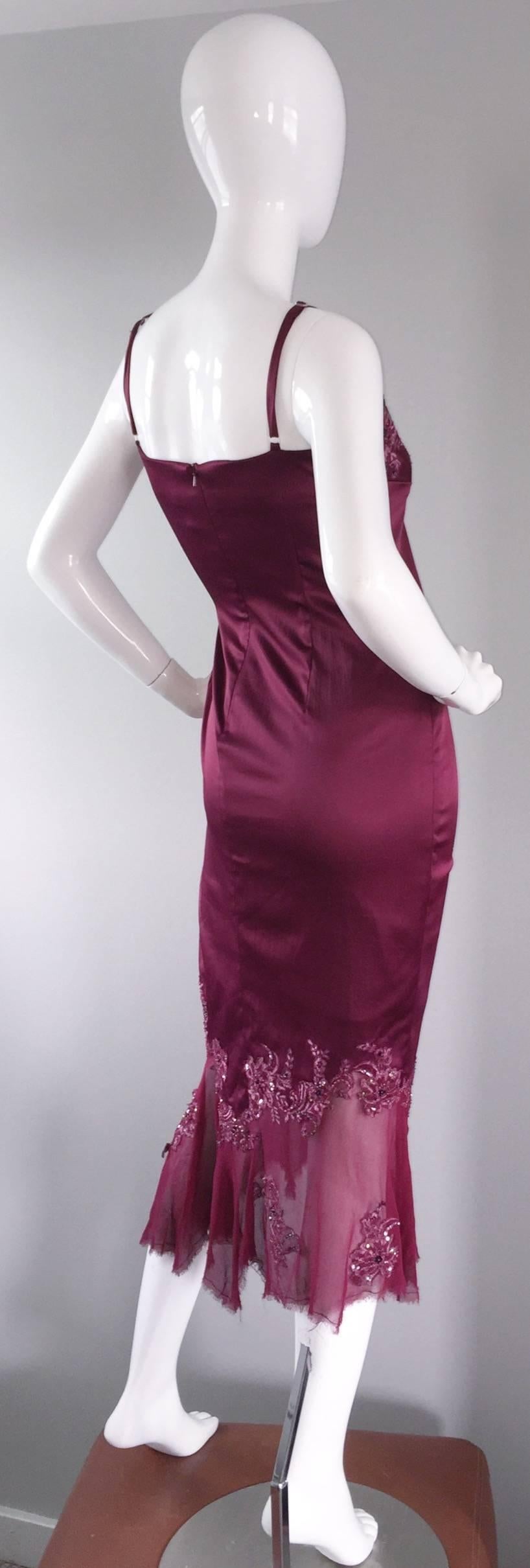Mandalay wine colored silk dress! Retailed for $2,900, and was only worn once for two hours. Features lace, sequins and beads throughout. Chiffon asymmetrical hem, that looks amazing on! Adjustable sleeve straps, that can be made shorter, or longer.