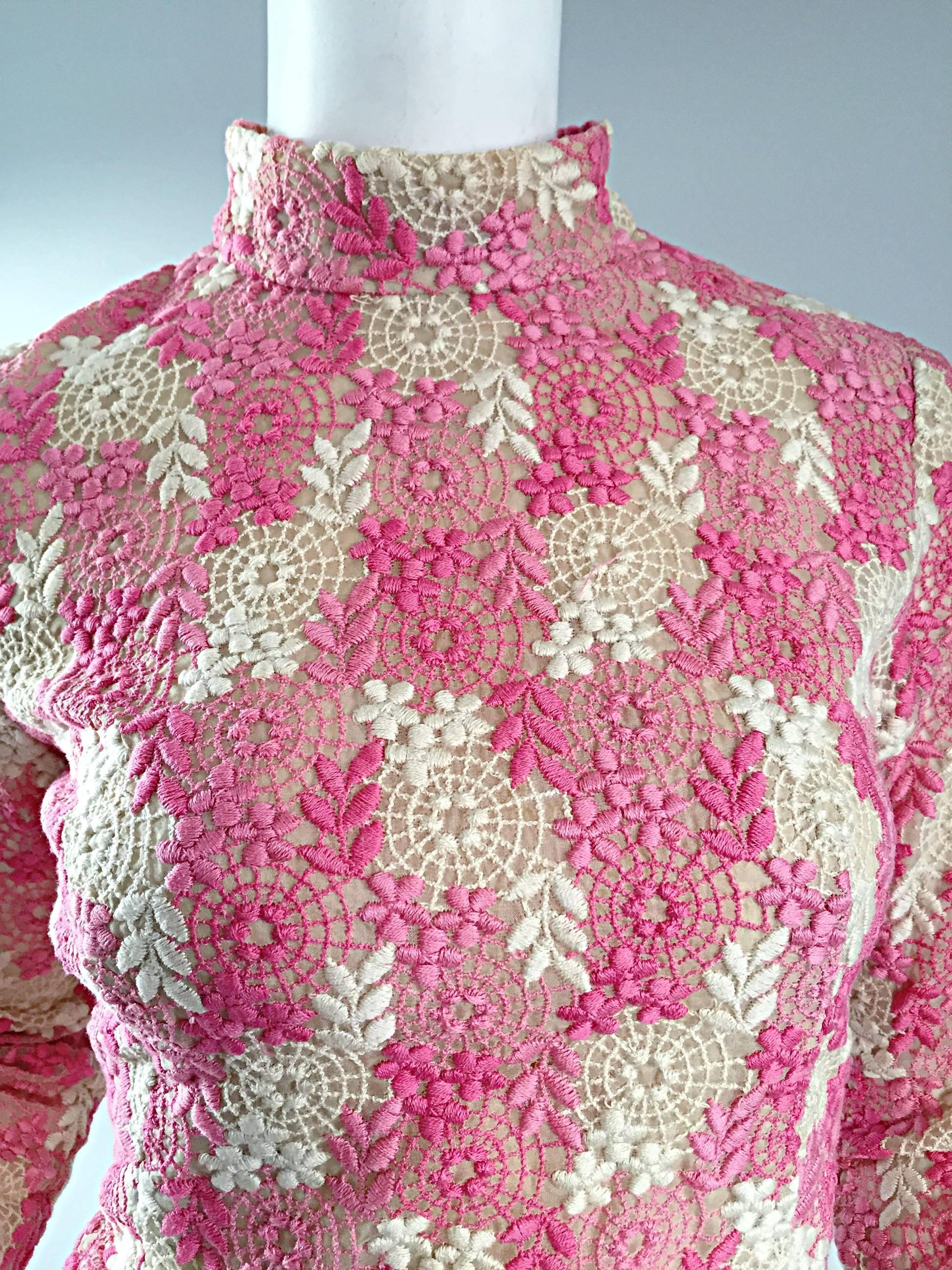 Women's 1960s Mignon Beautiful Vintage Pink + Ivory Hand Crochet Blouse / 60s Top For Sale