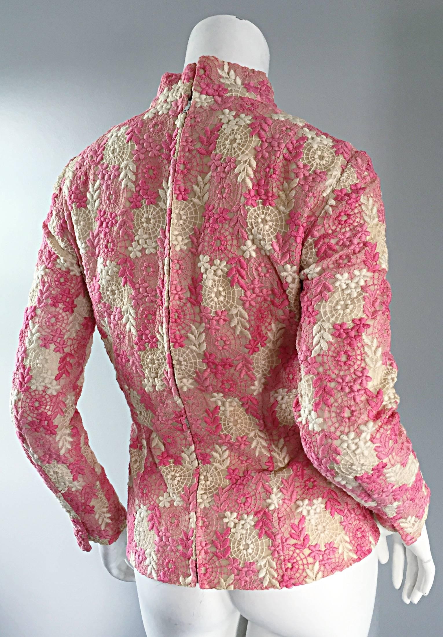 1960s Mignon Beautiful Vintage Pink + Ivory Hand Crochet Blouse / 60s Top In Excellent Condition For Sale In San Diego, CA