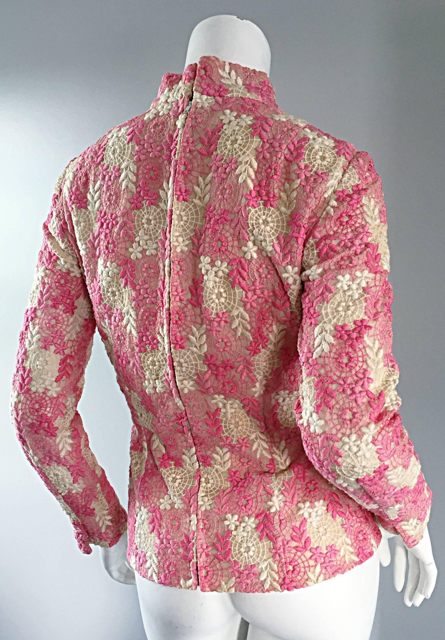 1960s Mignon Beautiful Vintage Pink + Ivory Hand Crochet Blouse / 60s Top In Excellent Condition For Sale In San Diego, CA