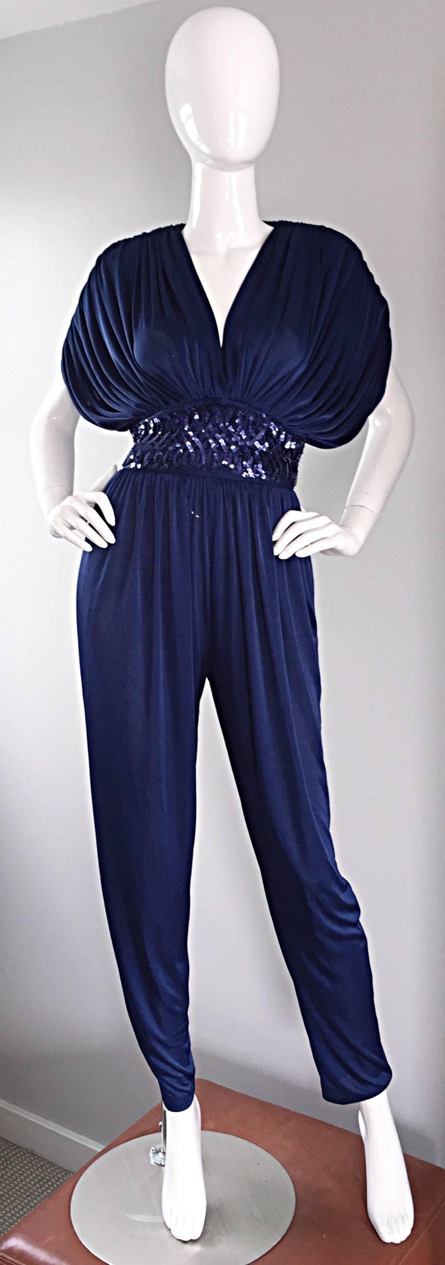 Amazing Vintage Royal Blue Jersey + Sequins 1970s 70s Disco Jumpsuit / Onesie In Excellent Condition In San Diego, CA