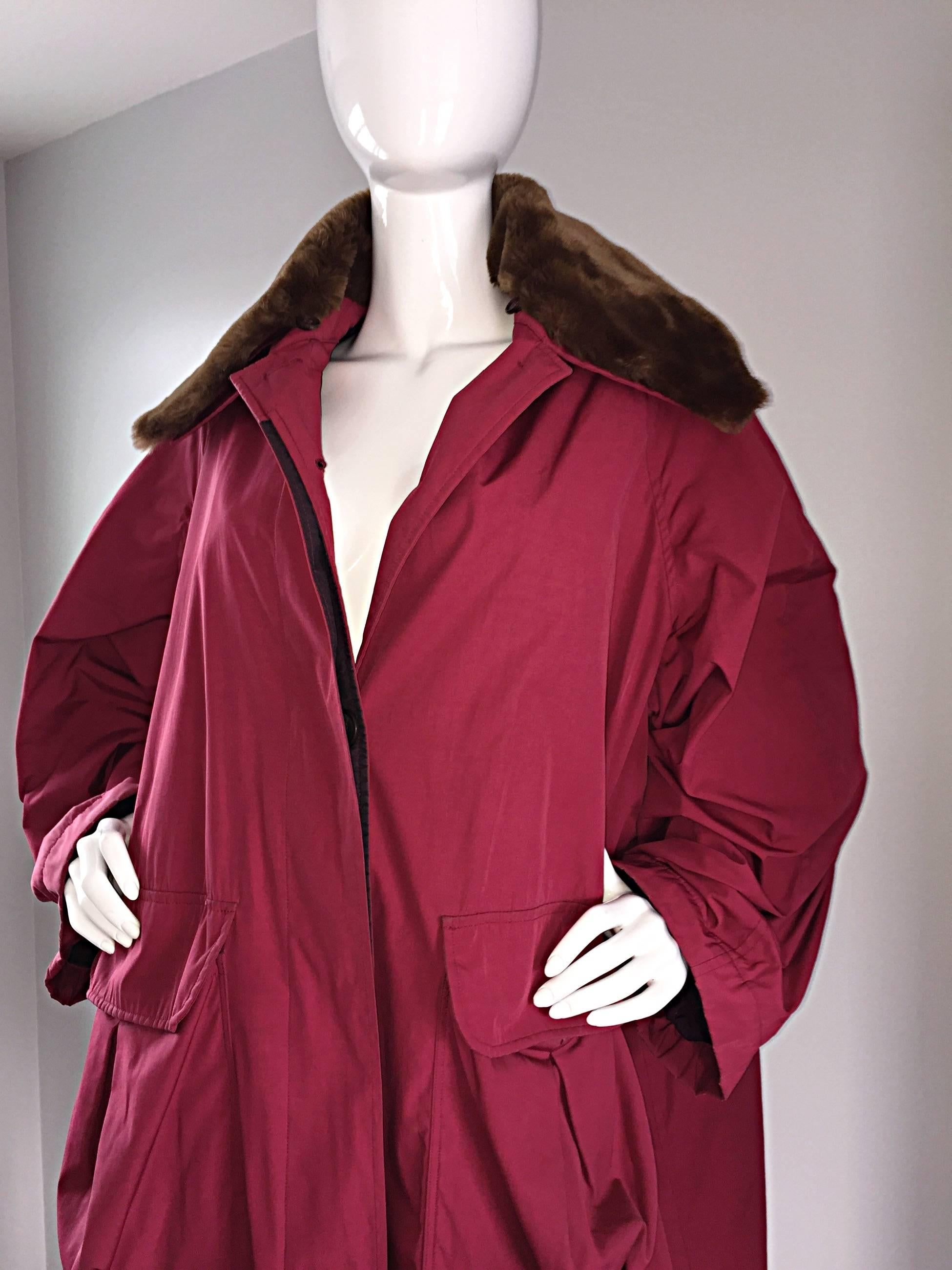Vintage Romeo Gigli Raspberry Red Cocoon Coat w/ Detachable Faux Fur Collar 5