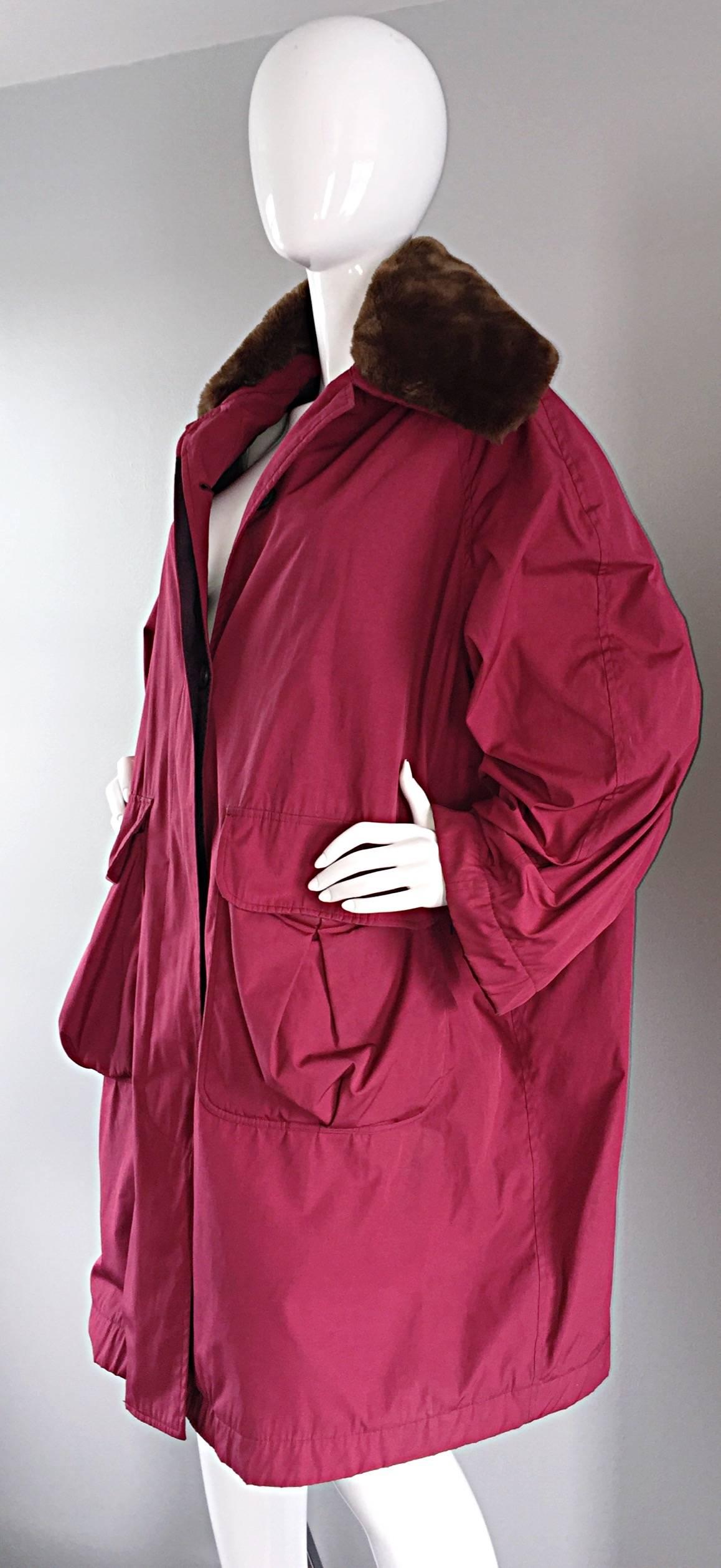 Women's Vintage Romeo Gigli Raspberry Red Cocoon Coat w/ Detachable Faux Fur Collar