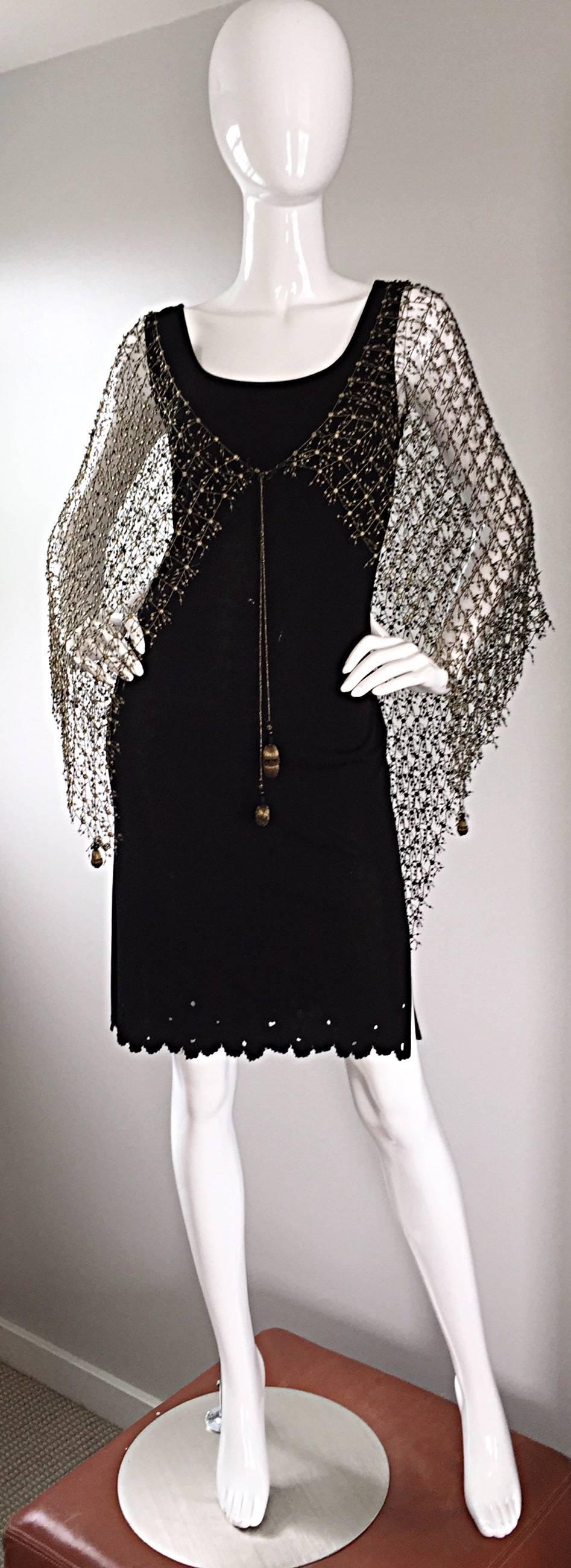 Women's Holly's Harp Vintage Black Silk Jersey Dress and Gold Crochet Cape