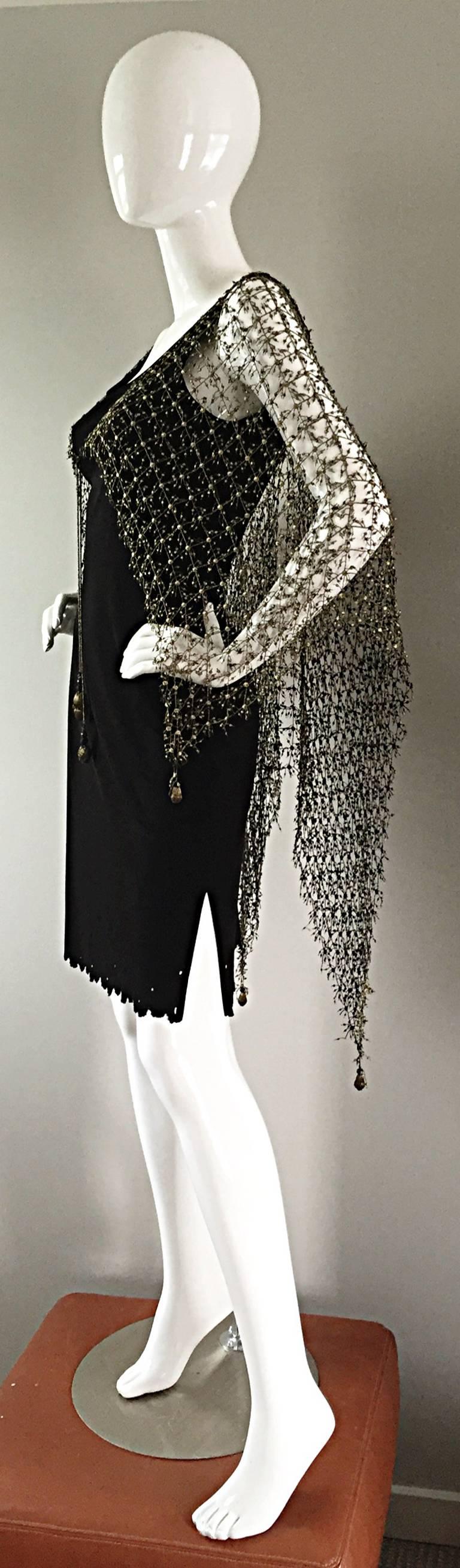 Holly's Harp Vintage Black Silk Jersey Dress and Gold Crochet Cape 6