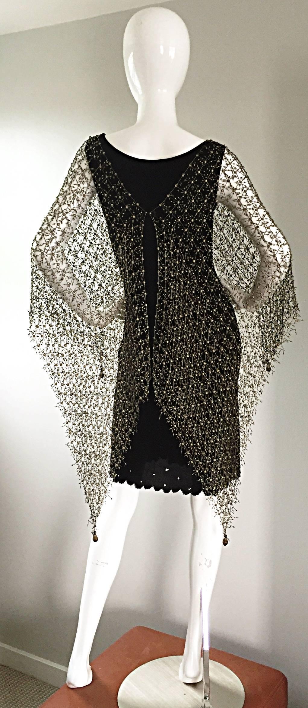 Holly's Harp Vintage Black Silk Jersey Dress and Gold Crochet Cape 2