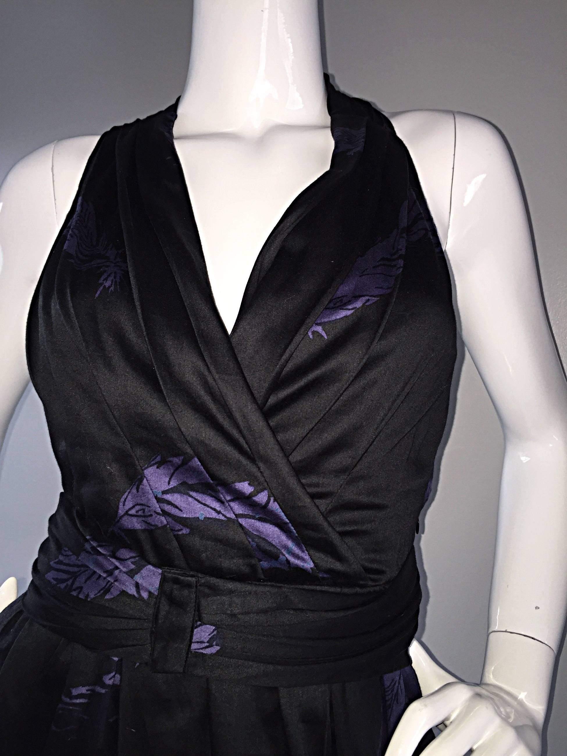 Marc Jacobs Sz 8 Black Purple Peacock Feather Print Cut Out Back Racerback Dress For Sale 3