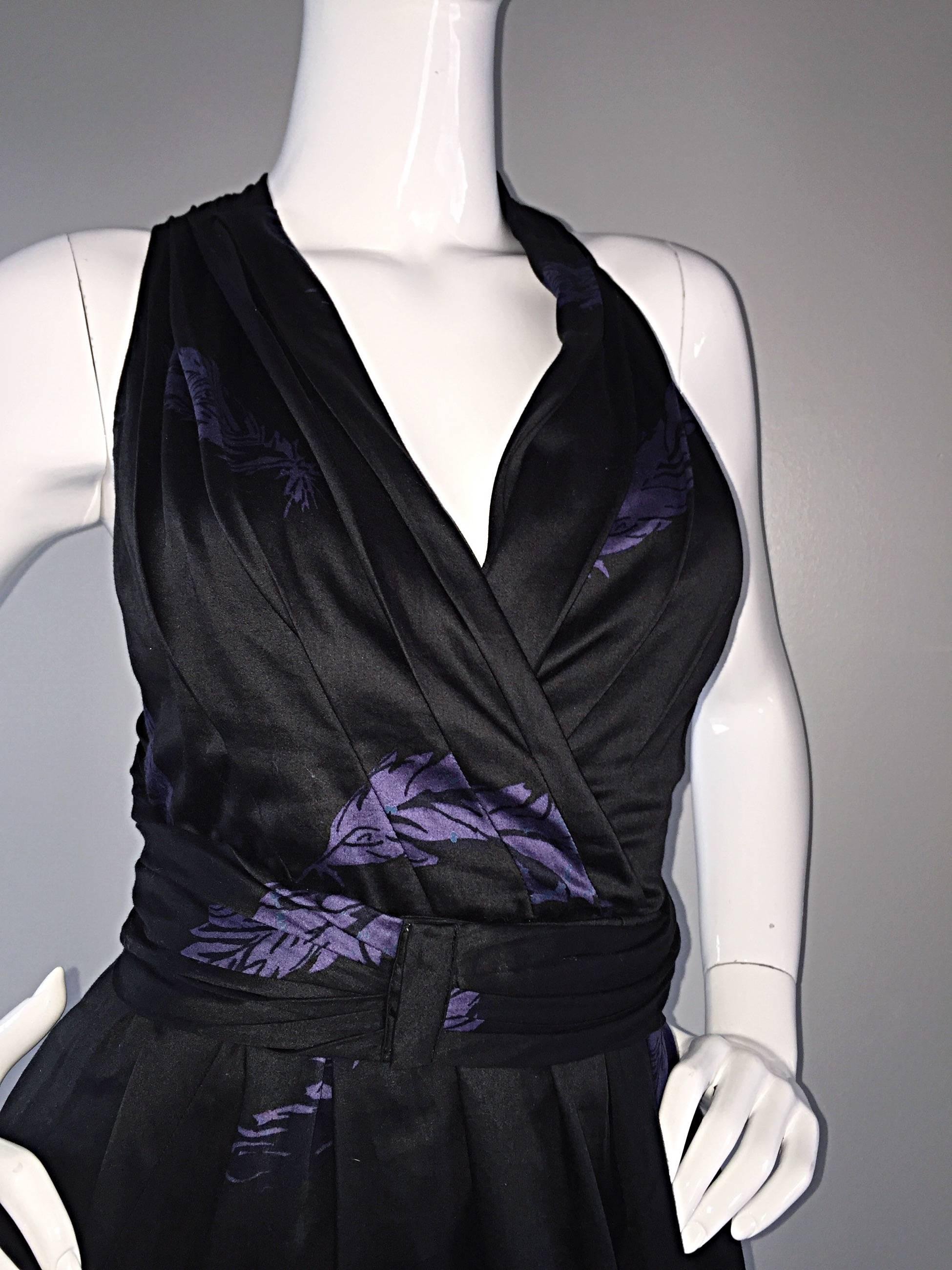 Marc Jacobs Sz 8 Black Purple Peacock Feather Print Cut Out Back Racerback Dress For Sale 2