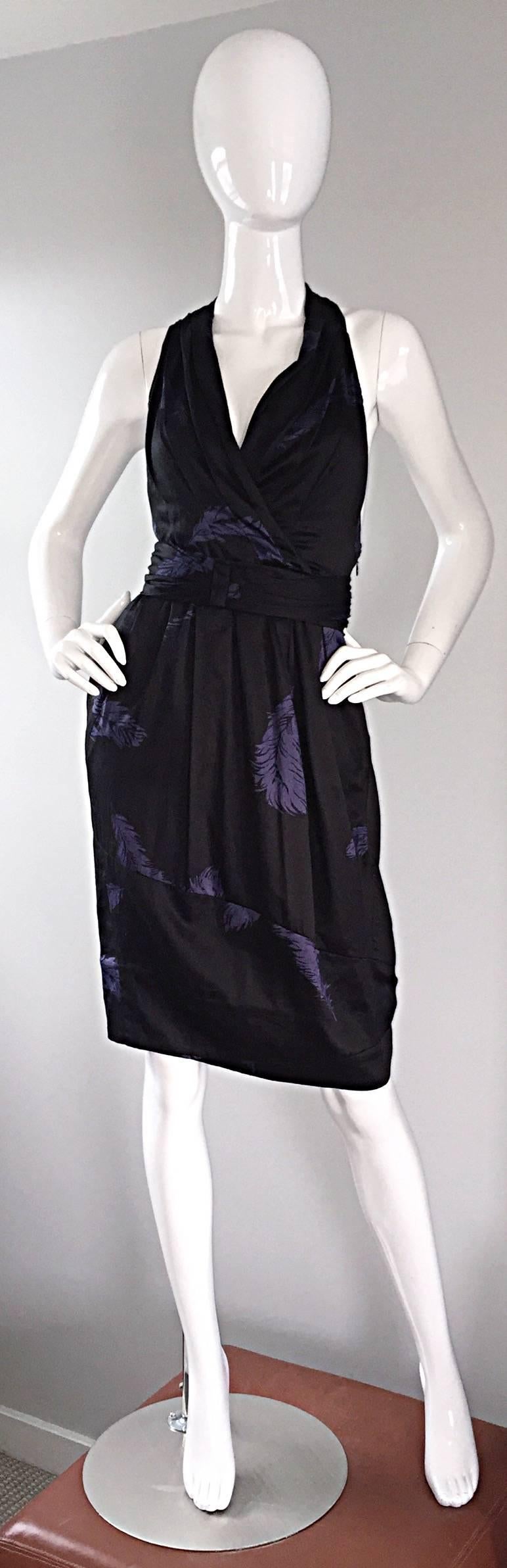Women's Marc Jacobs Sz 8 Black Purple Peacock Feather Print Cut Out Back Racerback Dress For Sale
