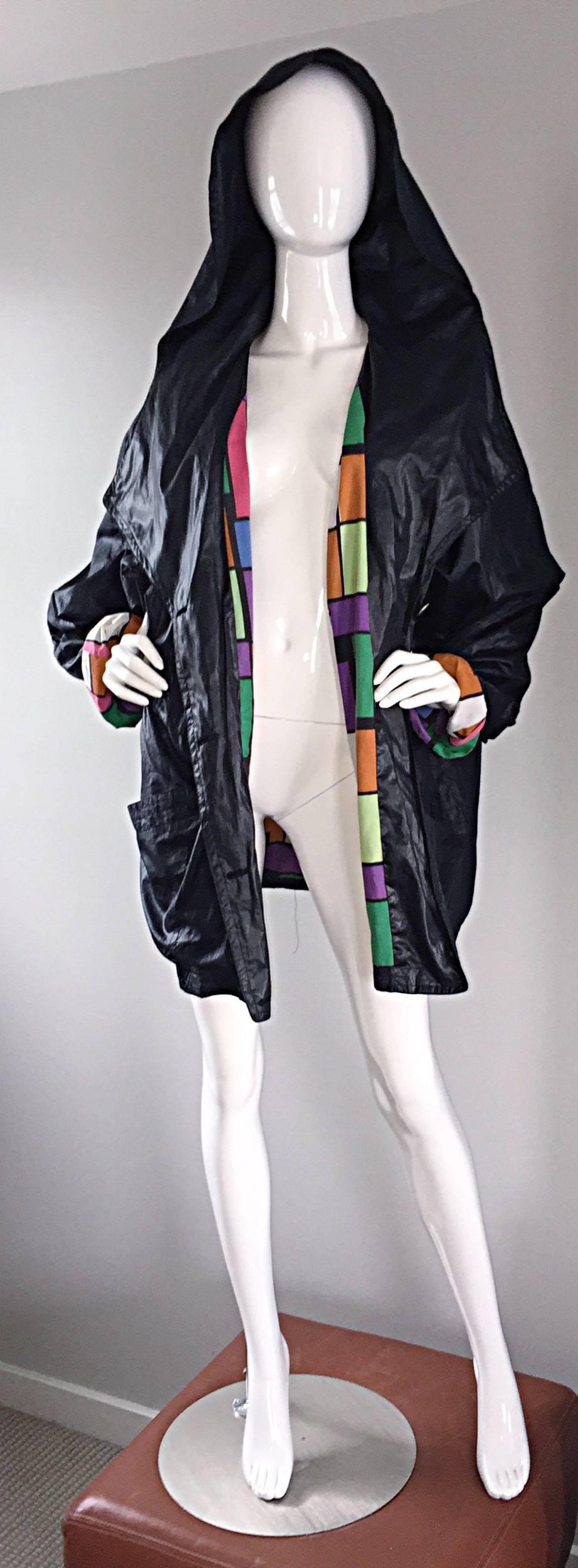Black Vintage 1990s Jean Charles de Castelbajac Hooded Raincoat Rain Jacket / Coat For Sale