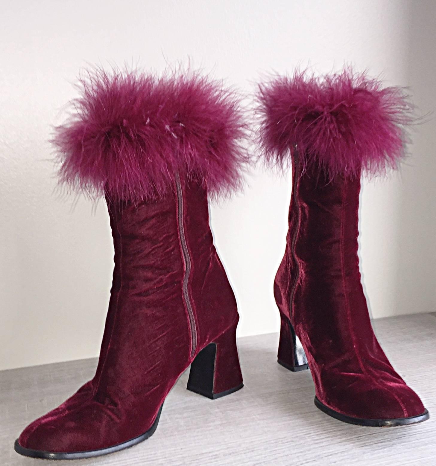 Amazing and rare vintage Charles Jourdan (Size 7.5) ankle boots shoes!  Rich burgundy velvet, with ostrich feathers at ankles. Victorian styled heel. Can easily be dressed up or down. Perfect with shorts, jeans, a skirt, or a dress! In great