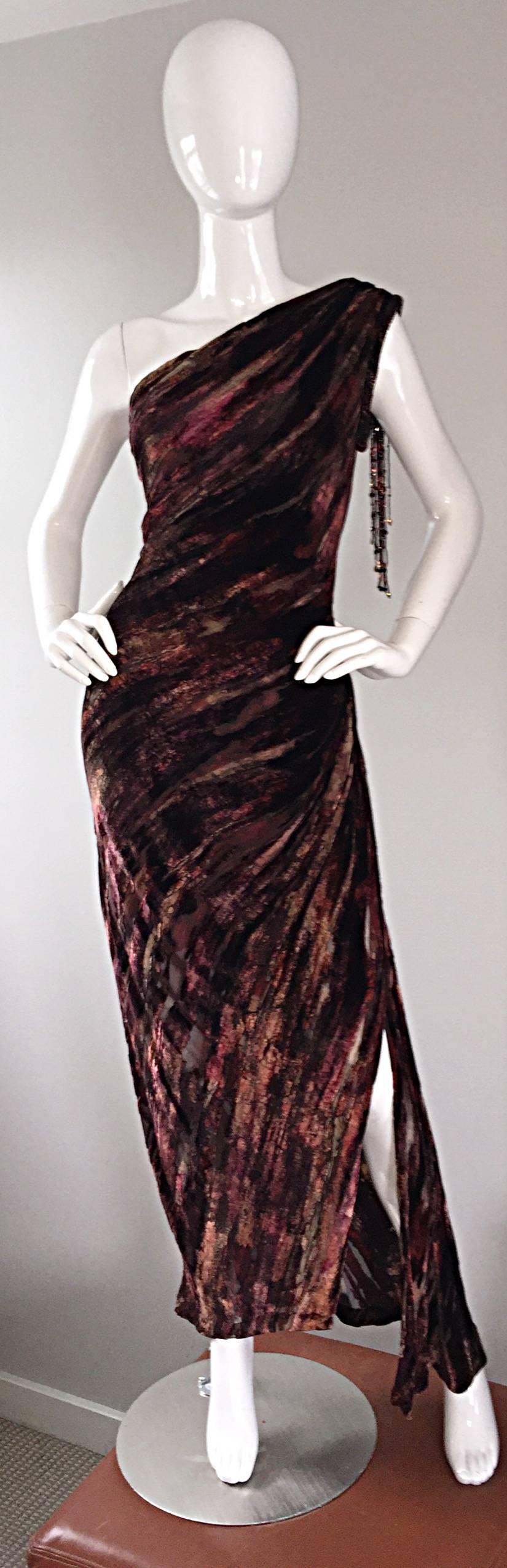 Extraordinary Vintage Bob Mackie One Shoulder Burnt Out Silk Velvet Beaded Gown 1