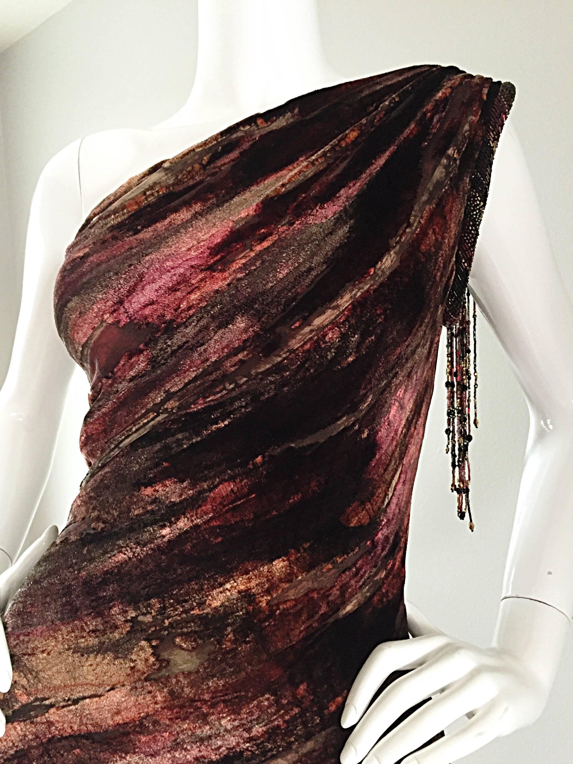 Extraordinary Vintage Bob Mackie One Shoulder Burnt Out Silk Velvet Beaded Gown 2