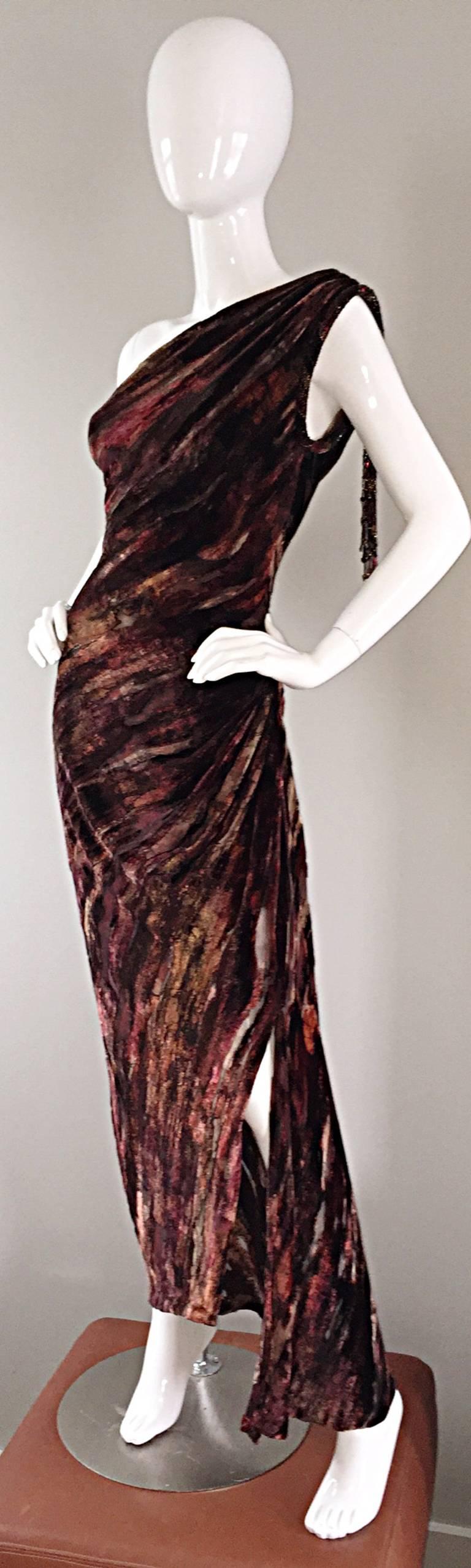 Extraordinary Vintage Bob Mackie One Shoulder Burnt Out Silk Velvet Beaded Gown 5