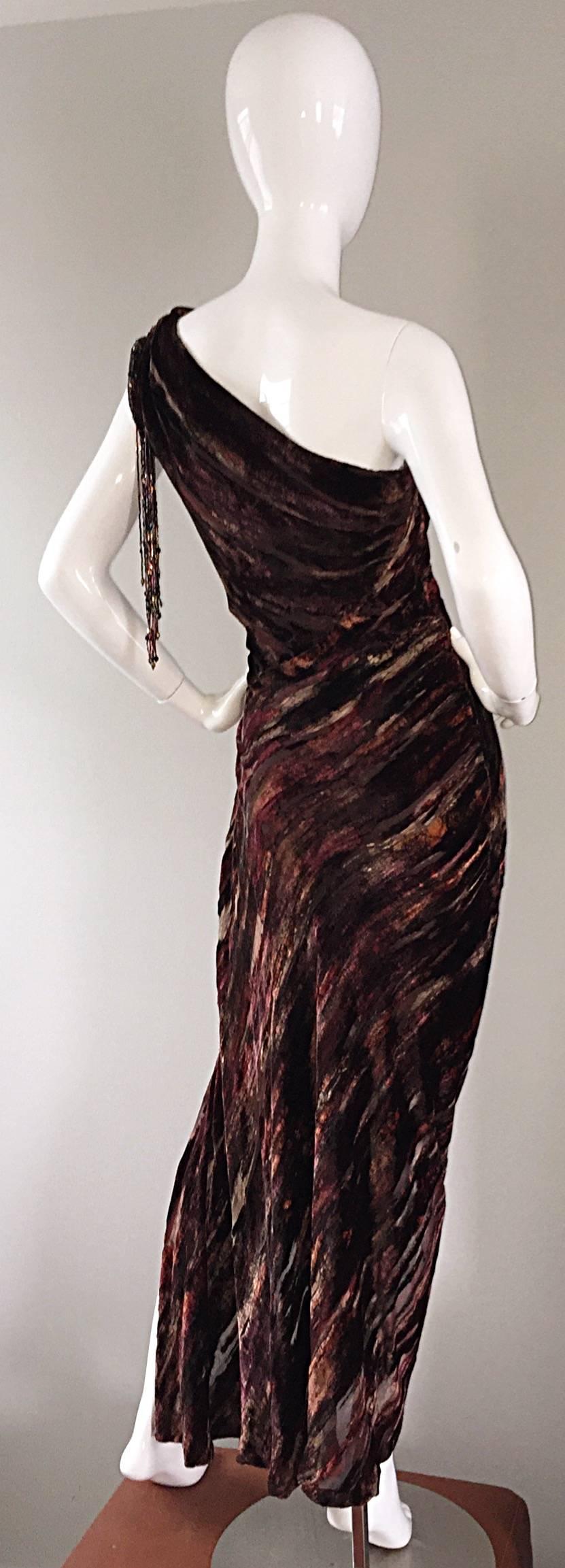 Extraordinary Vintage Bob Mackie One Shoulder Burnt Out Silk Velvet Beaded Gown In Excellent Condition In San Diego, CA