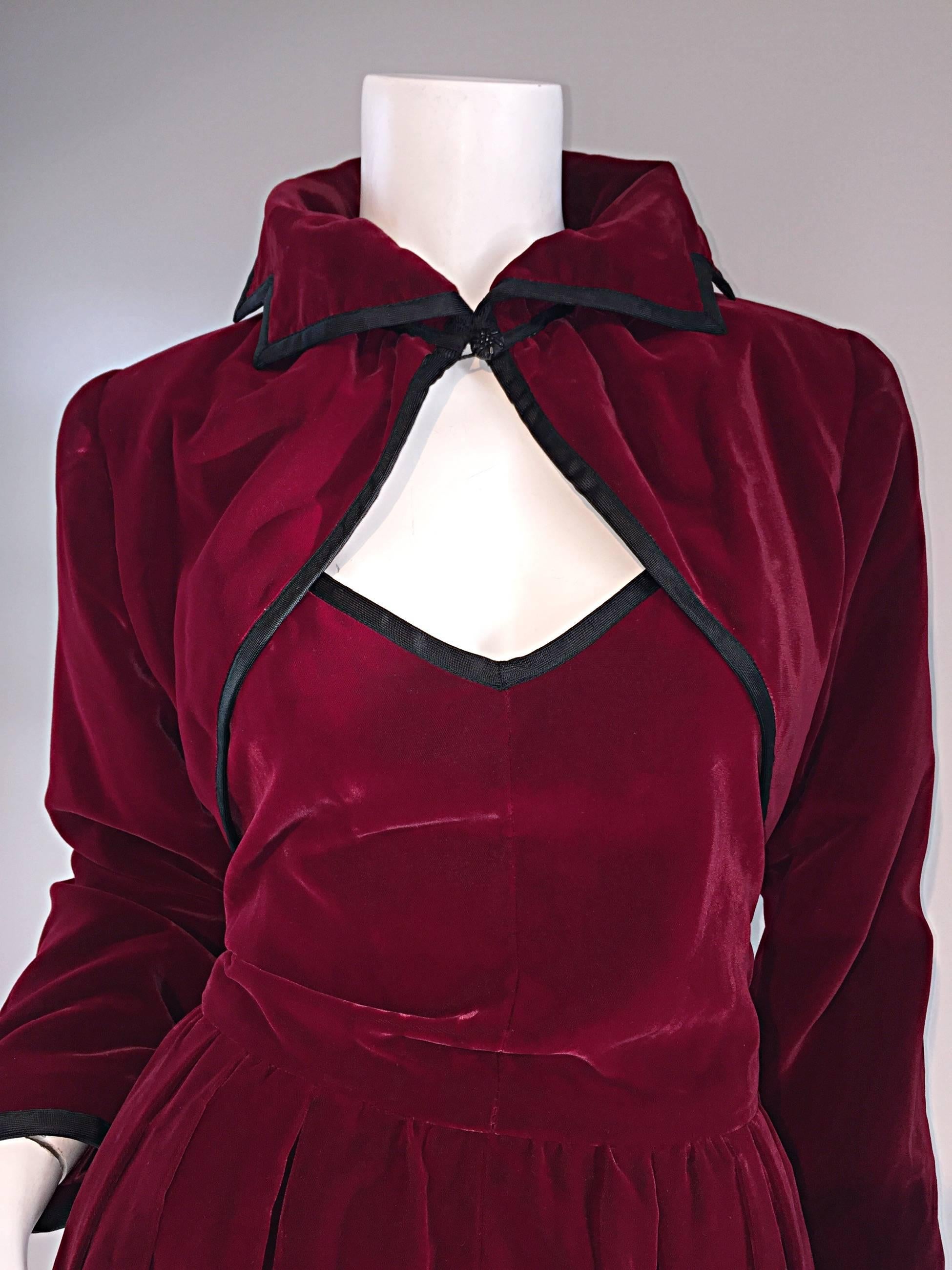 Amazing Vintage Yves Saint Laurent Burgundy Velvet Dress + Bolero Set C. 1981 2