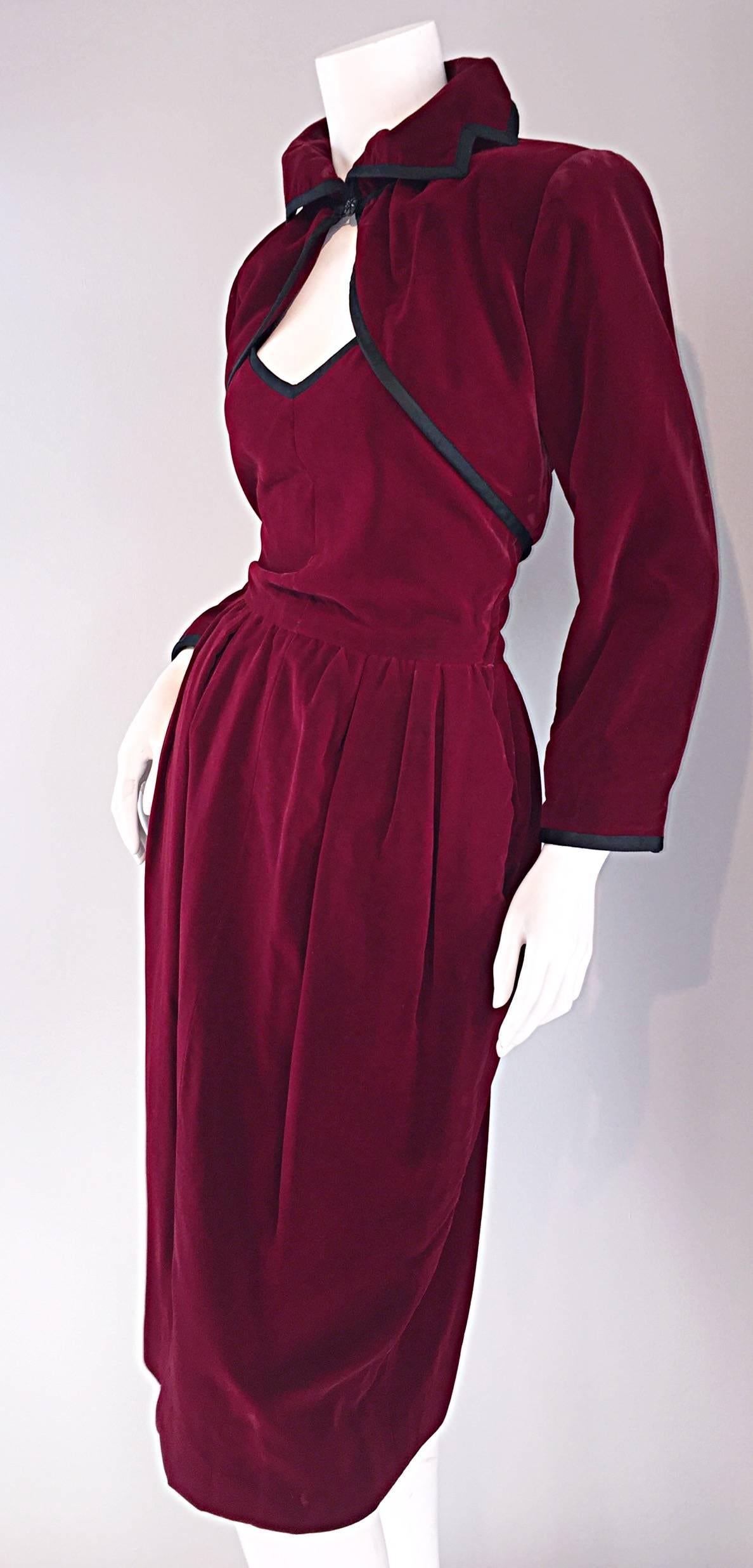 Amazing Vintage Yves Saint Laurent Burgundy Velvet Dress + Bolero Set C. 1981 3