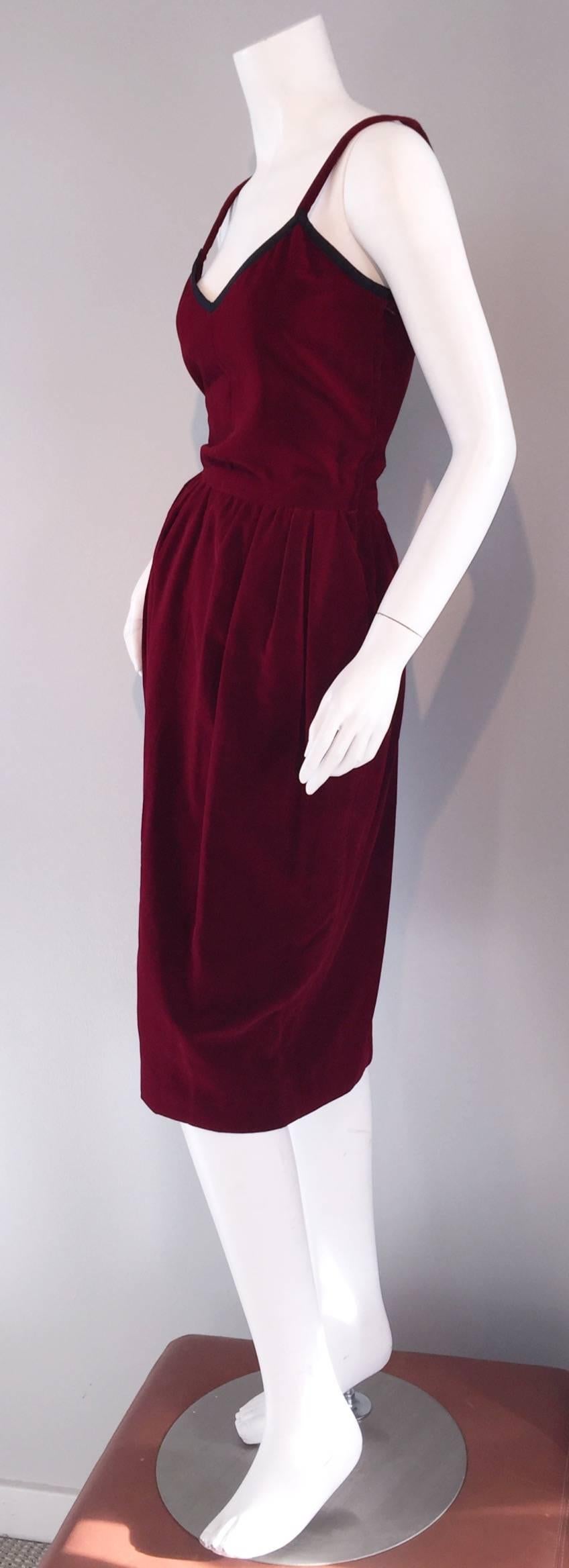 Red Amazing Vintage Yves Saint Laurent Burgundy Velvet Dress + Bolero Set C. 1981