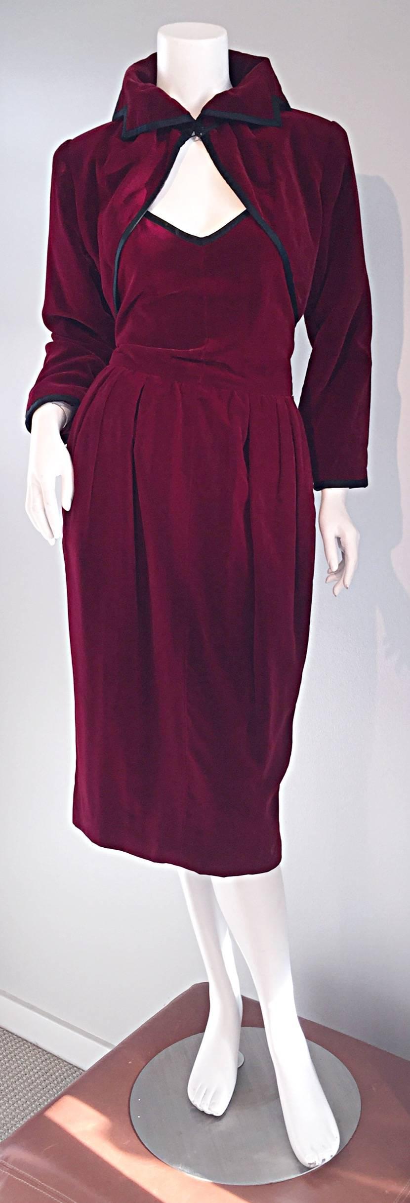 Women's Amazing Vintage Yves Saint Laurent Burgundy Velvet Dress + Bolero Set C. 1981