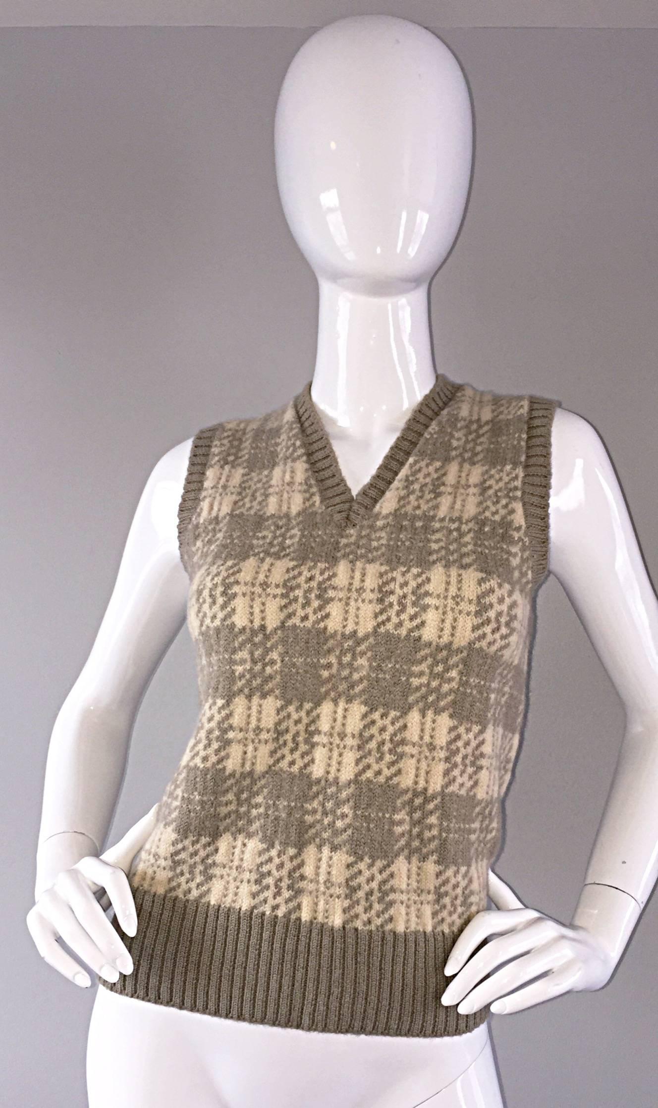Chic 70s Bill Blass sweater vest! Done in tan / brown and ivory, with an oversized plaid. Wonderful slim fit, that stretches to fit. Mohair and wool blend, that is super soft, and not scratchy at all! Looks great alone, or paired with a tank, a