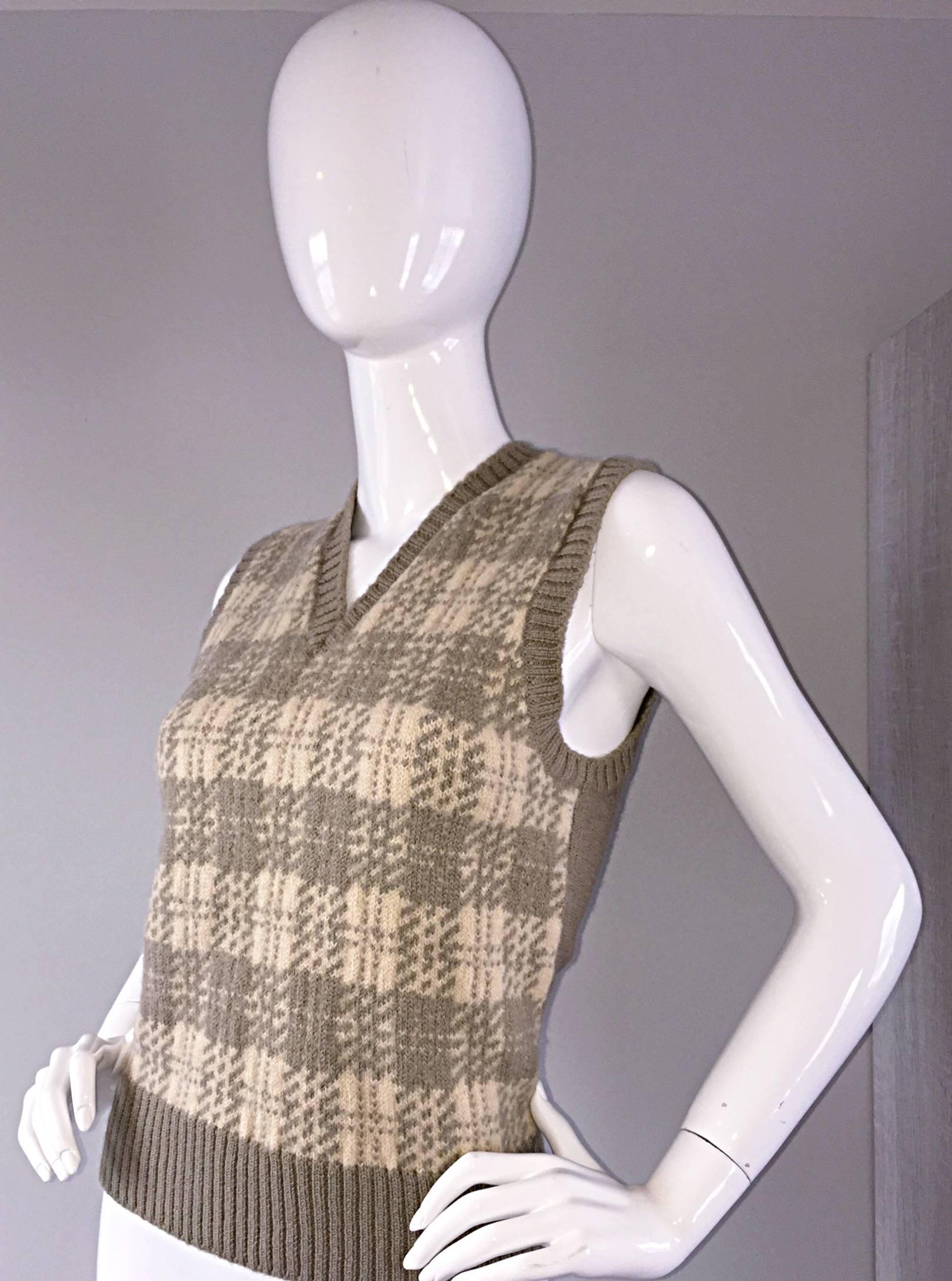 Vintage 1970s Bill Blass Tan + Ivory Plaid Mohair Wool Sweater Vest / Jumper In Excellent Condition In San Diego, CA