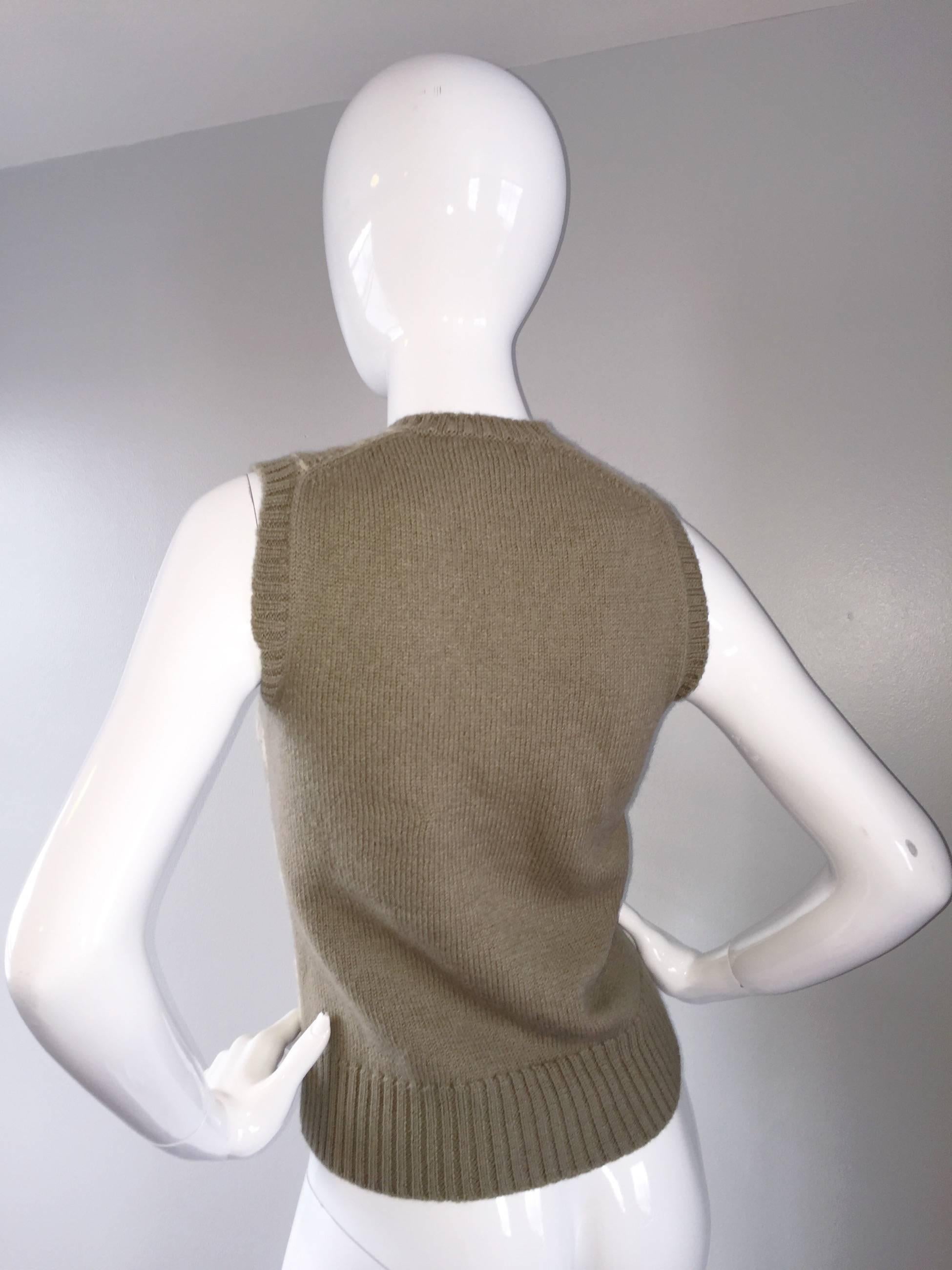Women's Vintage 1970s Bill Blass Tan + Ivory Plaid Mohair Wool Sweater Vest / Jumper