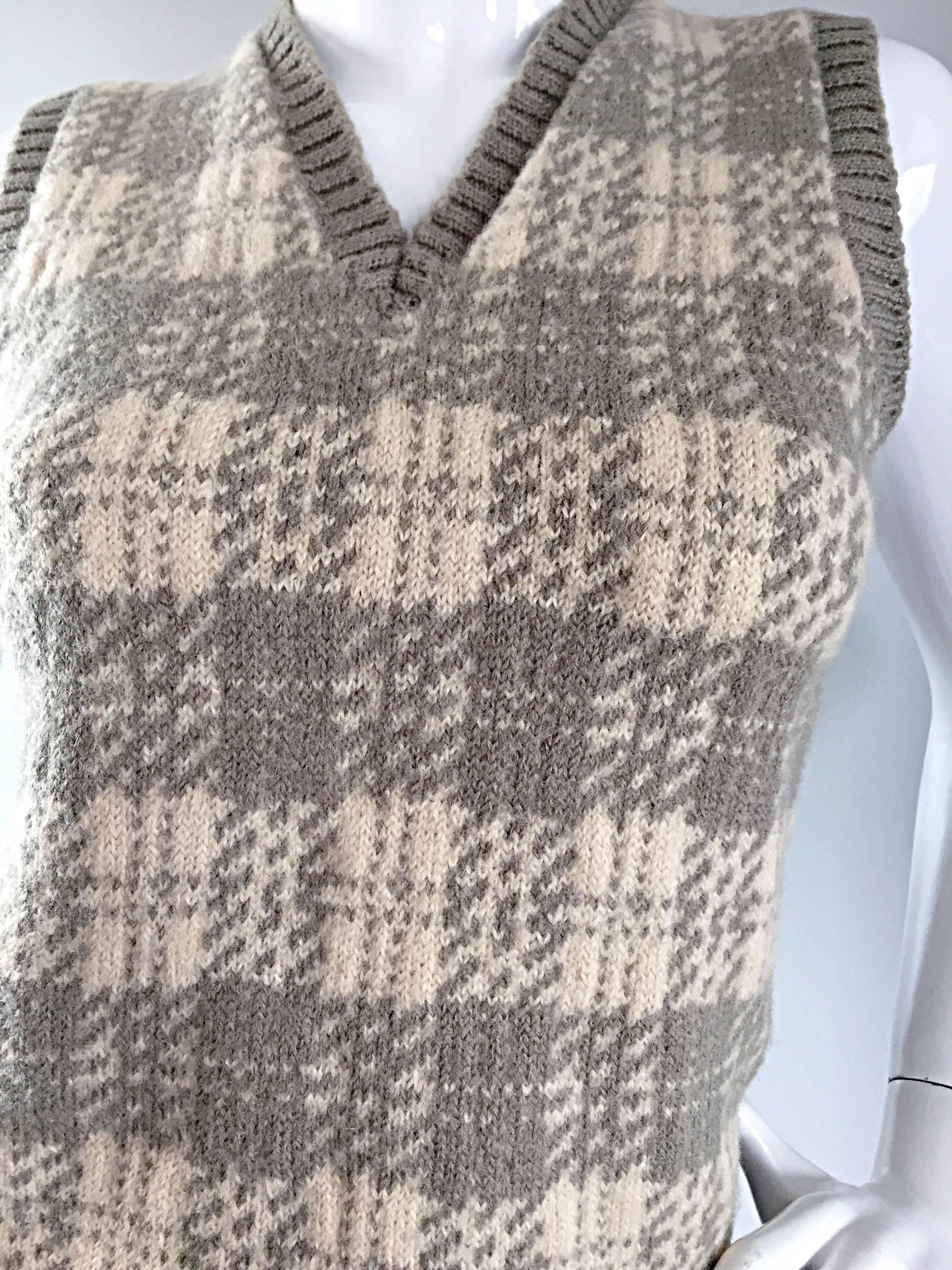 Beige Vintage 1970s Bill Blass Tan + Ivory Plaid Mohair Wool Sweater Vest / Jumper