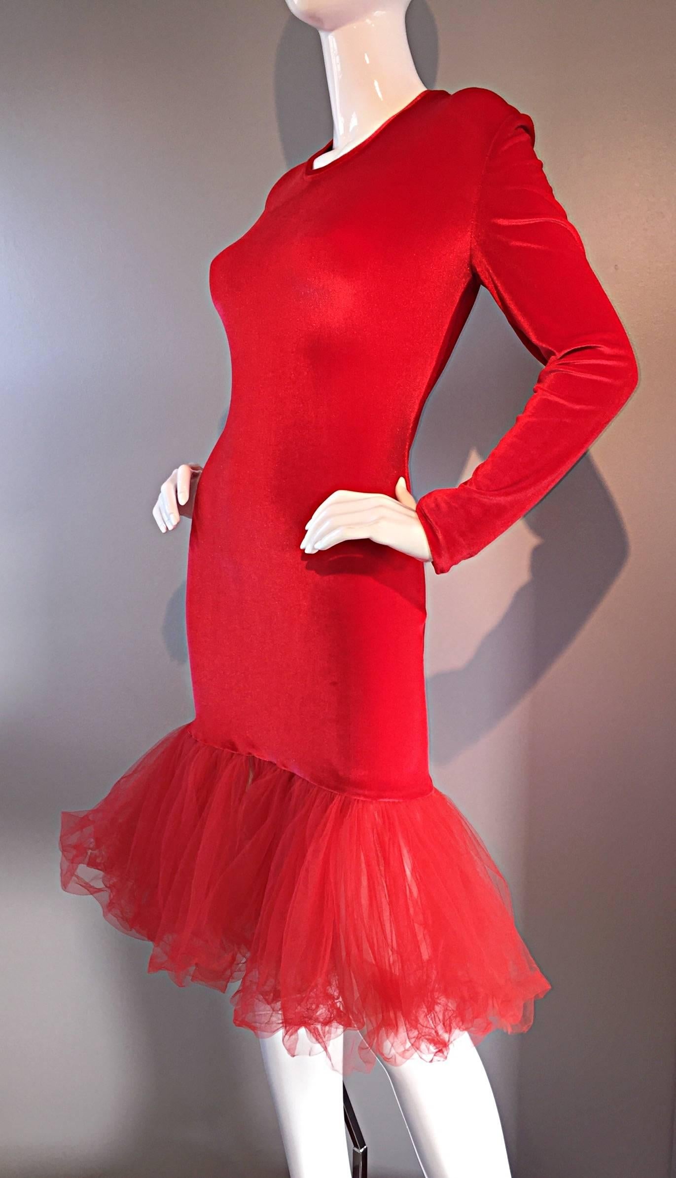 Extraordinary Patrick Kelly 1980s Vintage Red BodCon Mermaid Dress w/ Tulle Hem For Sale 2