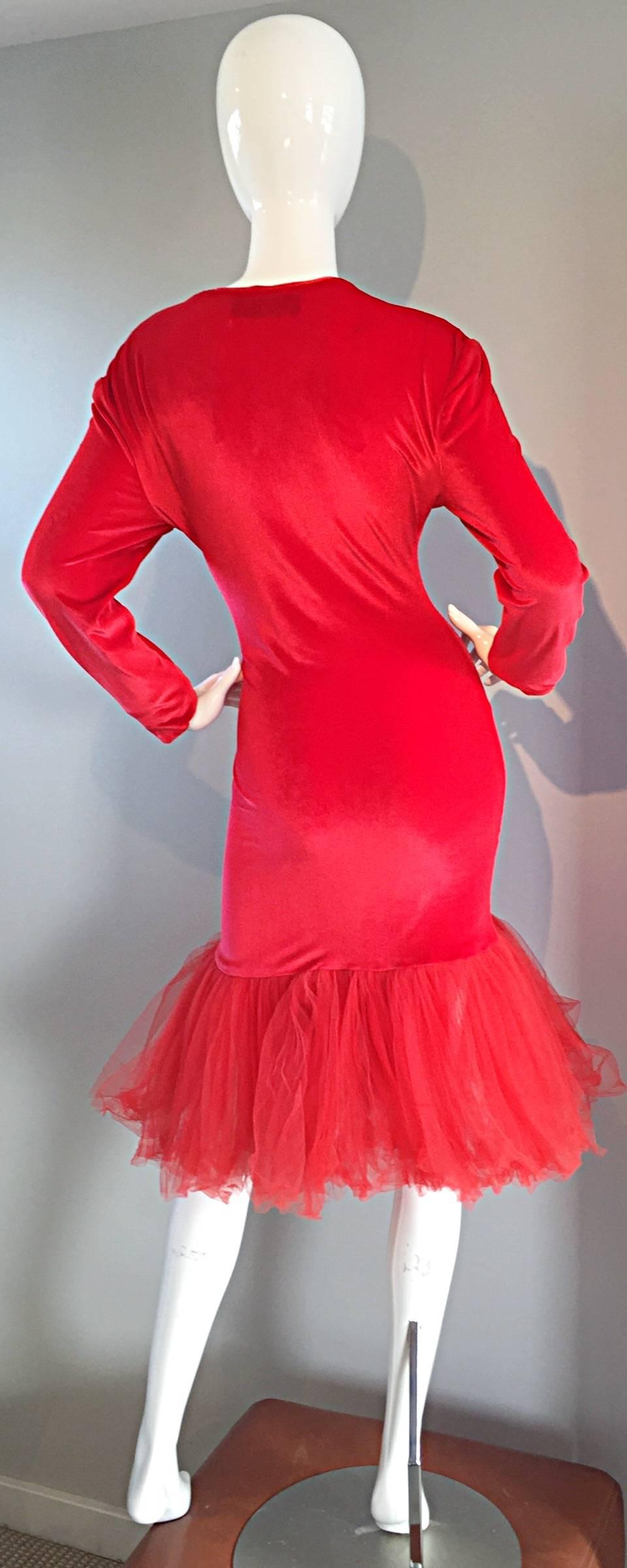Extraordinary Patrick Kelly 1980s Vintage Red BodCon Mermaid Dress w/ Tulle Hem For Sale 1