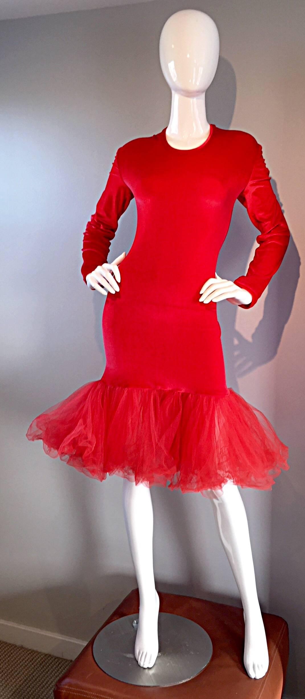 Extraordinary Patrick Kelly 1980s Vintage Red BodCon Mermaid Dress w/ Tulle Hem For Sale 3
