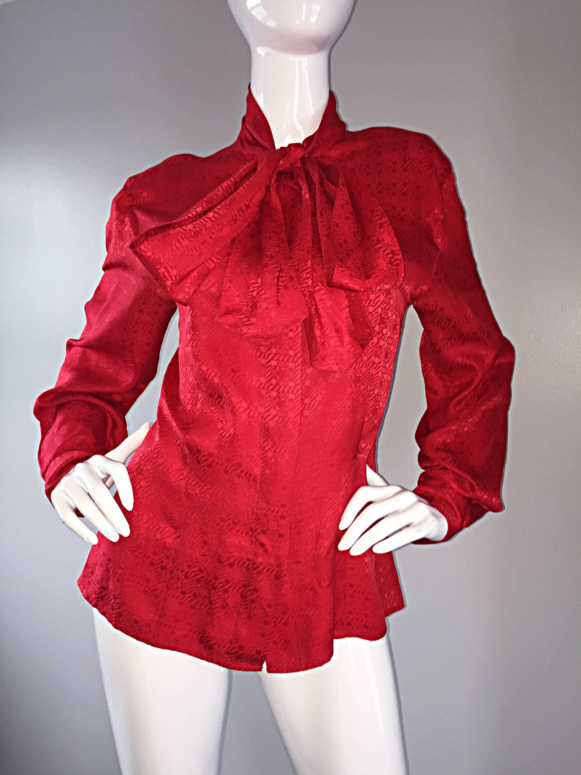 Women's Vintage Christian Dior Red Silk Blouse w/ Pussycat Bow / Scarf